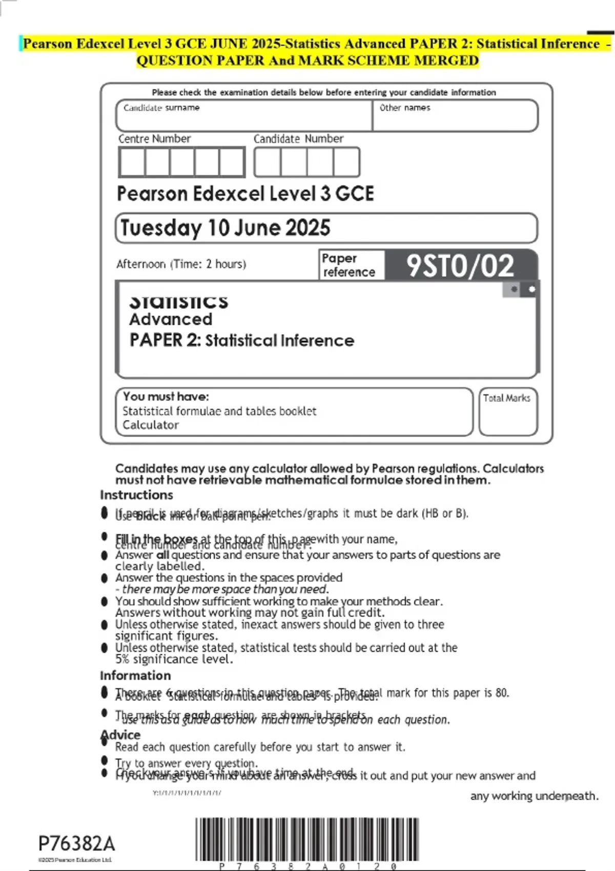 Pearson Edexcel Level 3 GCE JUNE 2025-Statistics Advanced PAPER 2 ...