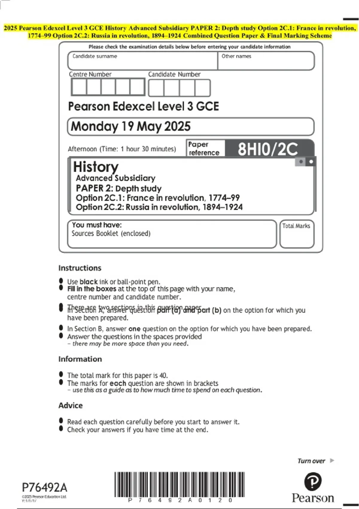 2025 Pearson Edexcel Level 3 GCE History Advanced Subsidiary PAPER 2 ...