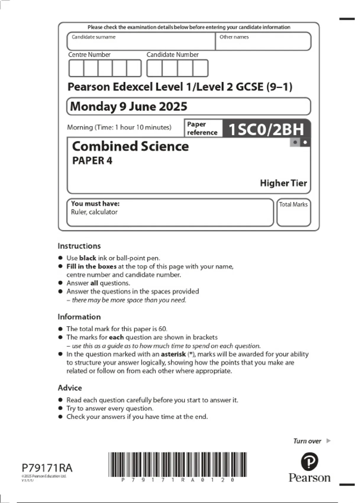 2025 Pearson Edexcel Level 1/Level 2 GCSE (9–1) Combined Science PAPER ...