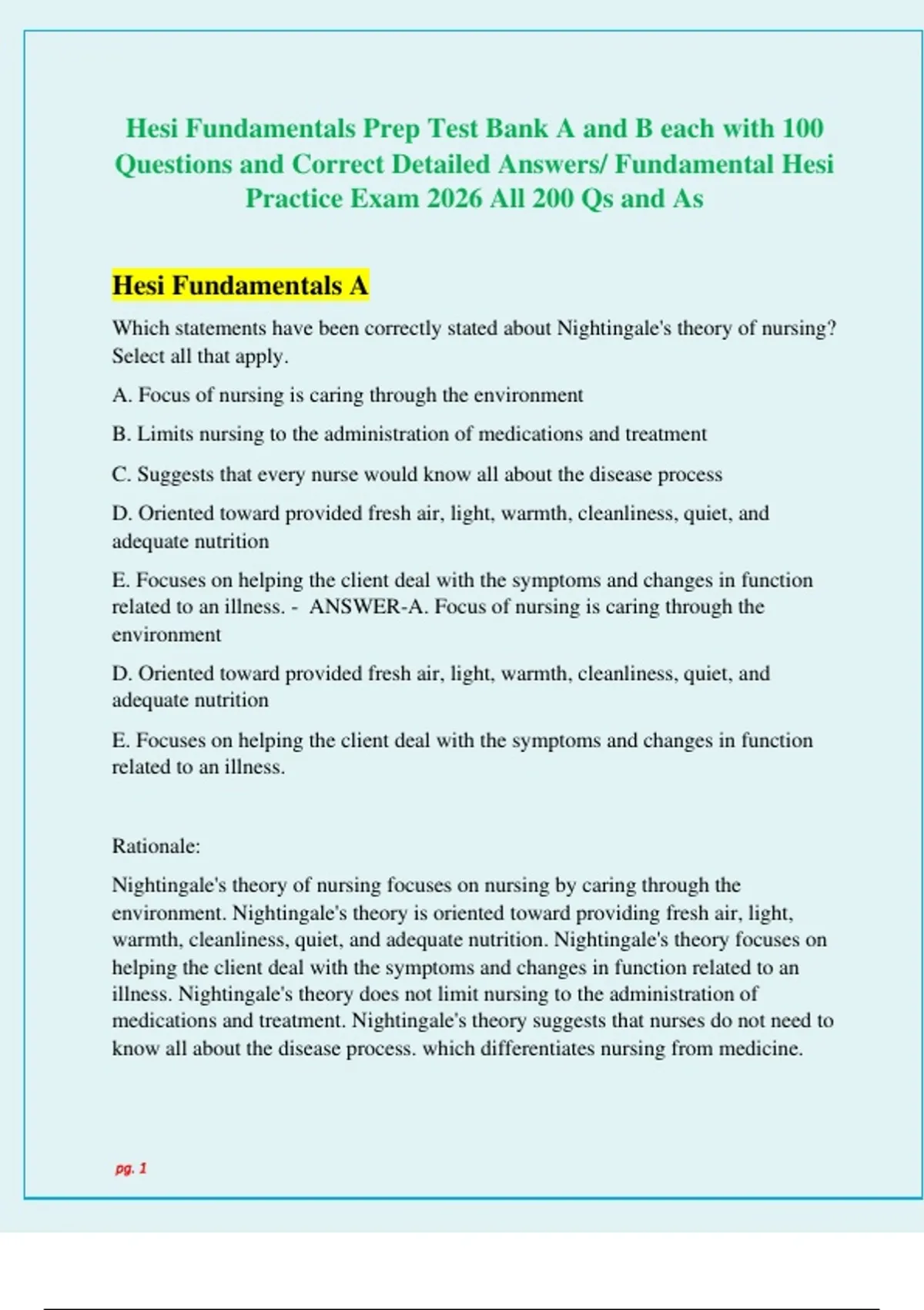 Hesi Fundamentals Prep Test Bank A and B each with 100 Questions and ...