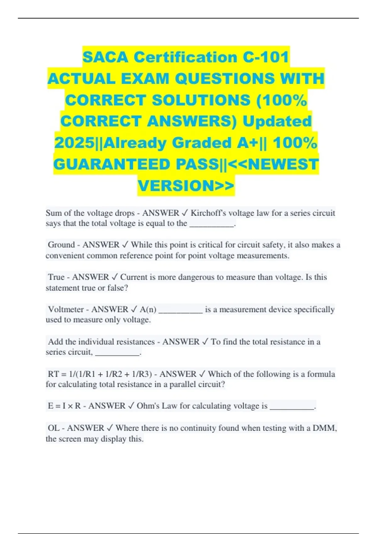 SACA Certification C-101 ACTUAL EXAM QUESTIONS WITH CORRECT SOLUTIONS ...