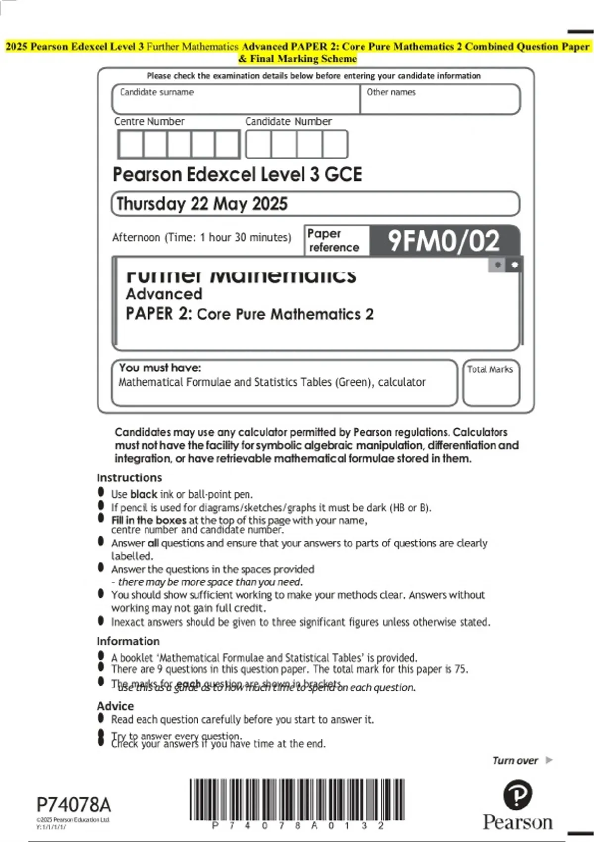 2025 Pearson Edexcel Level 3 Further Mathematics Advanced PAPER 2: Core ...