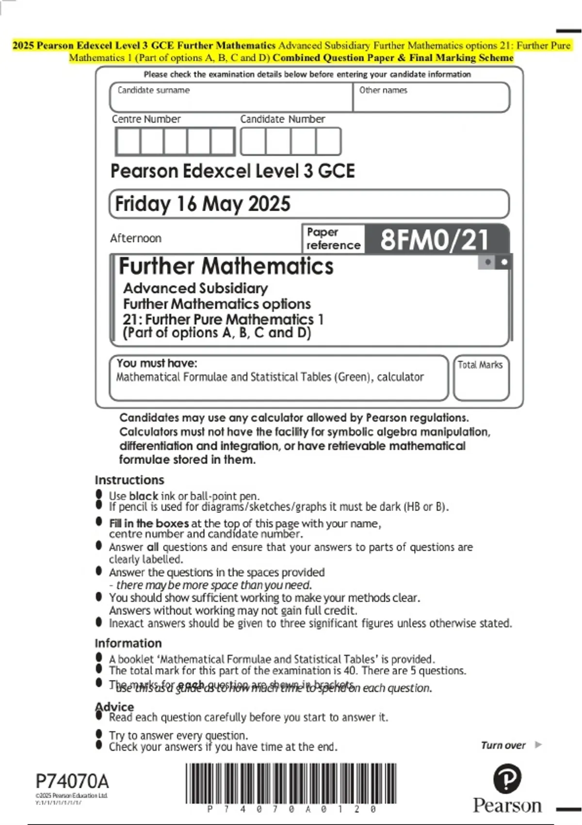2025 Pearson Edexcel Level 3 GCE Further Mathematics Advanced ...