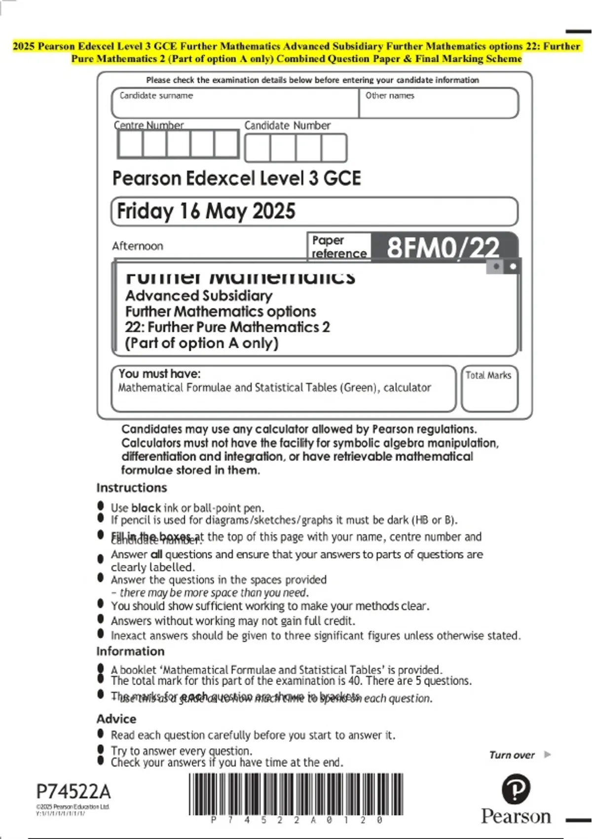2025 Pearson Edexcel Level 3 GCE Further Mathematics Advanced ...