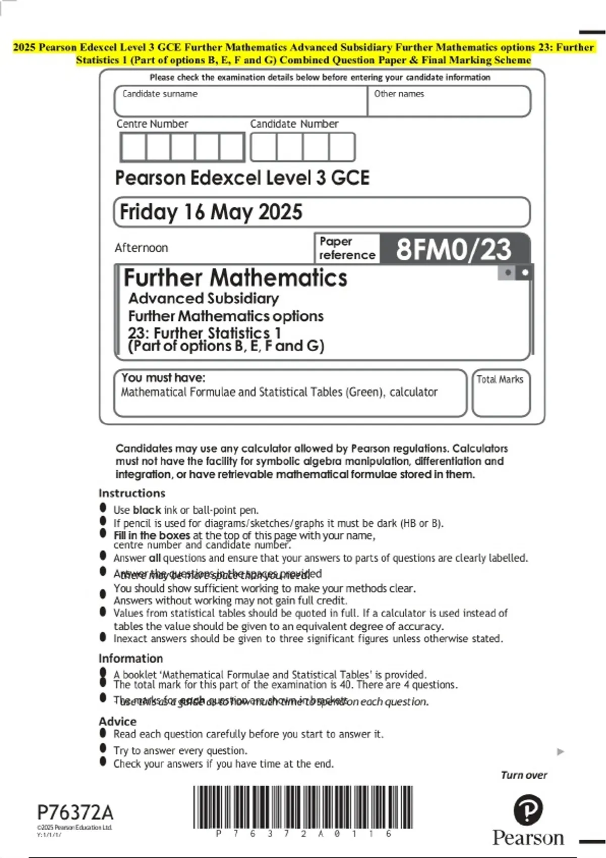 2025 Pearson Edexcel Level 3 GCE Further Mathematics Advanced ...