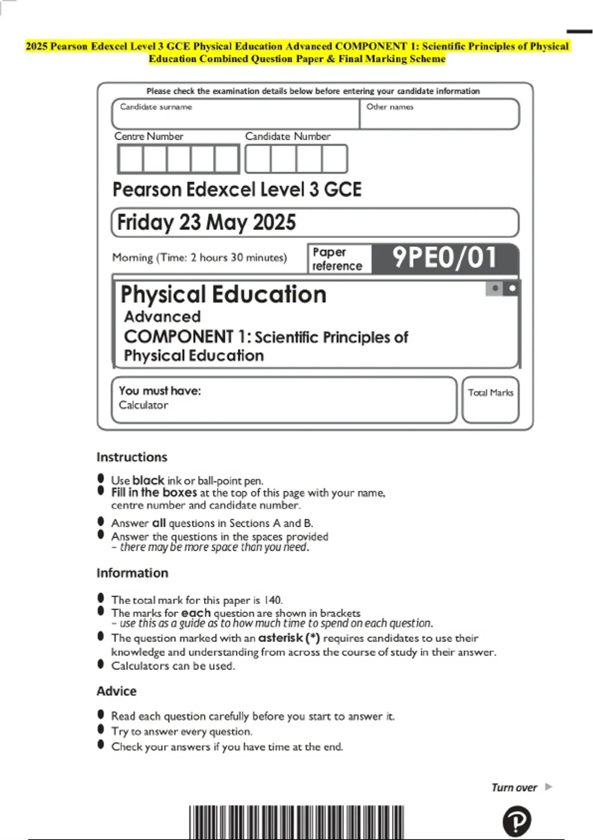 2025 Pearson Edexcel Level 3 GCE Physical Education Advanced COMPONENT ...
