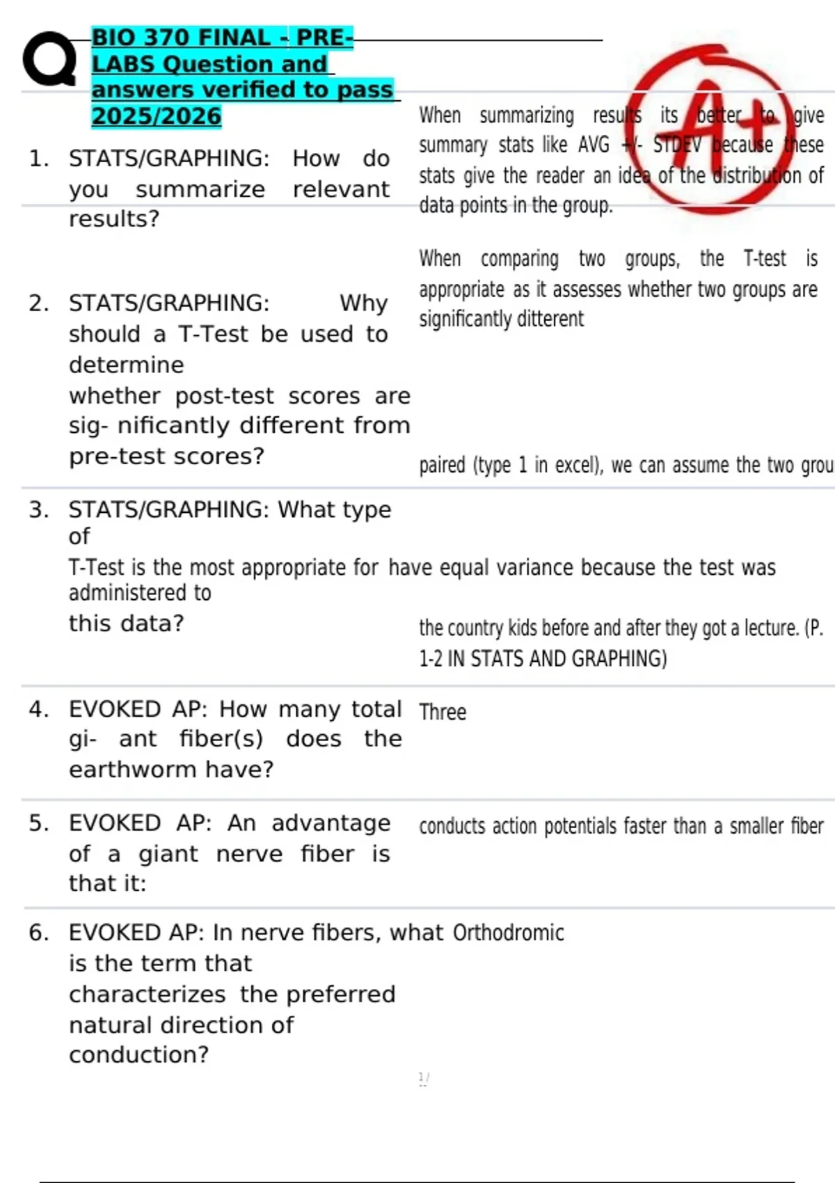 BIO 370 FINAL - PRE-LABS Question and answers verified to pass 2025/ ...