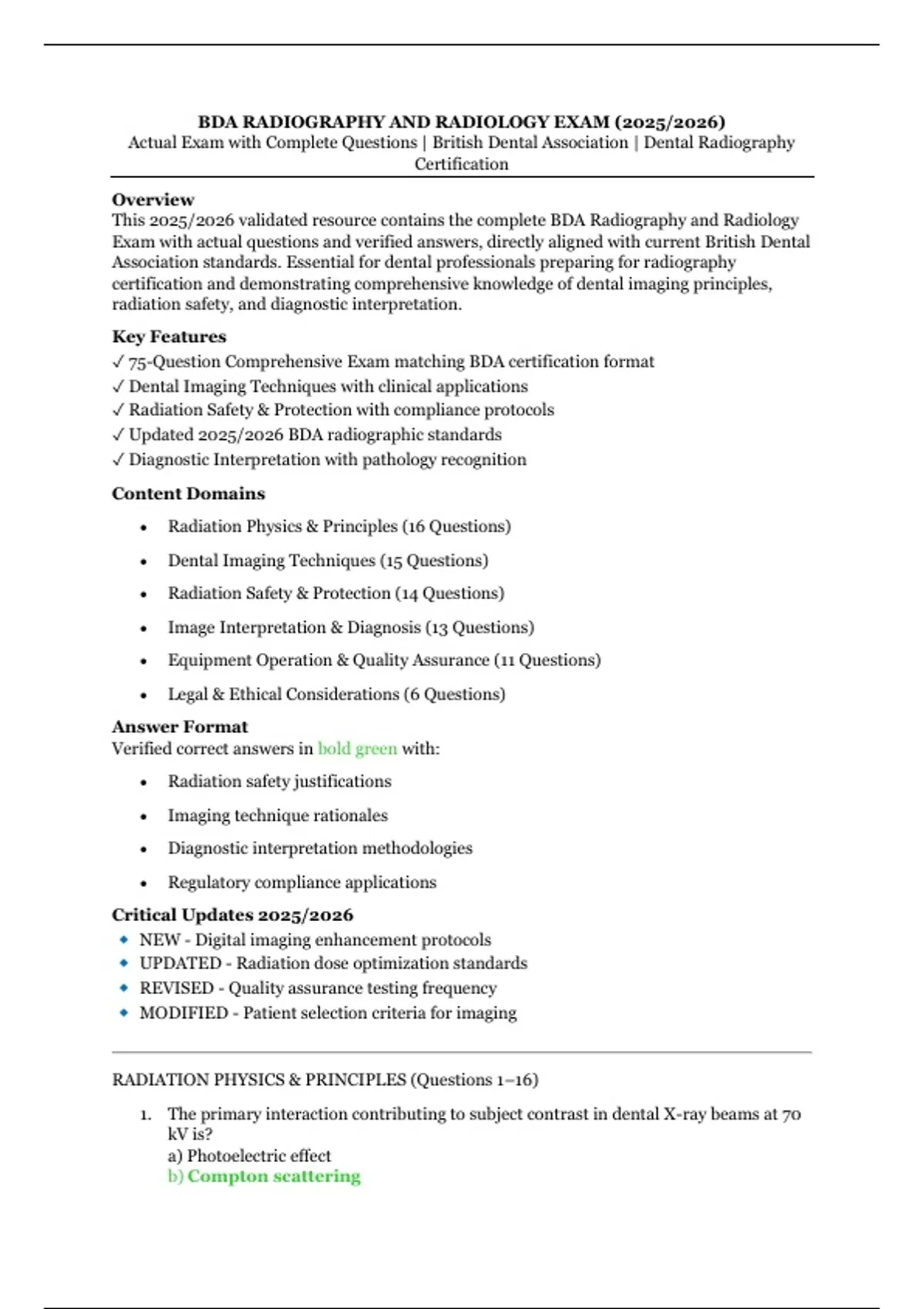 BDA Radiography and Radiology Exam 2025/2026 | Actual Exam with ...