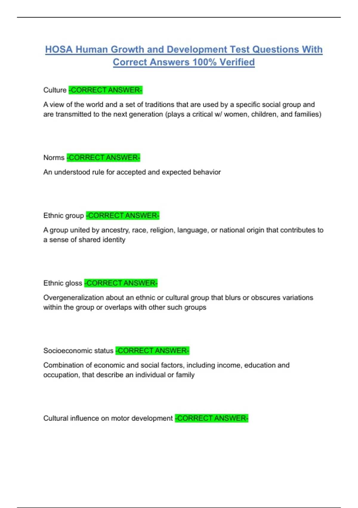 HOSA Human Growth and Development Test Questions With Correct Answers ...