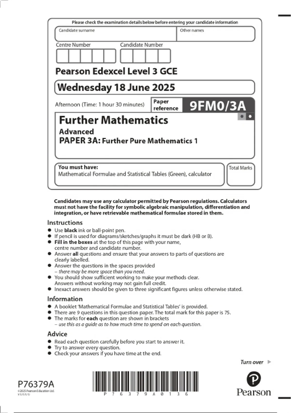 2025 Pearson Edexcel Level 3 GCE Further Mathematics Advanced PAPER 3A ...