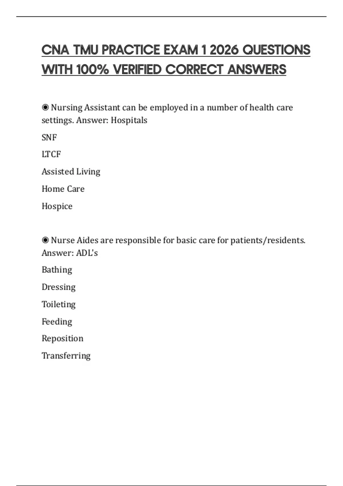 CNA TMU PRACTICE EXAM 1 2026 QUESTIONS WITH 100% VERIFIED CORRECT ...