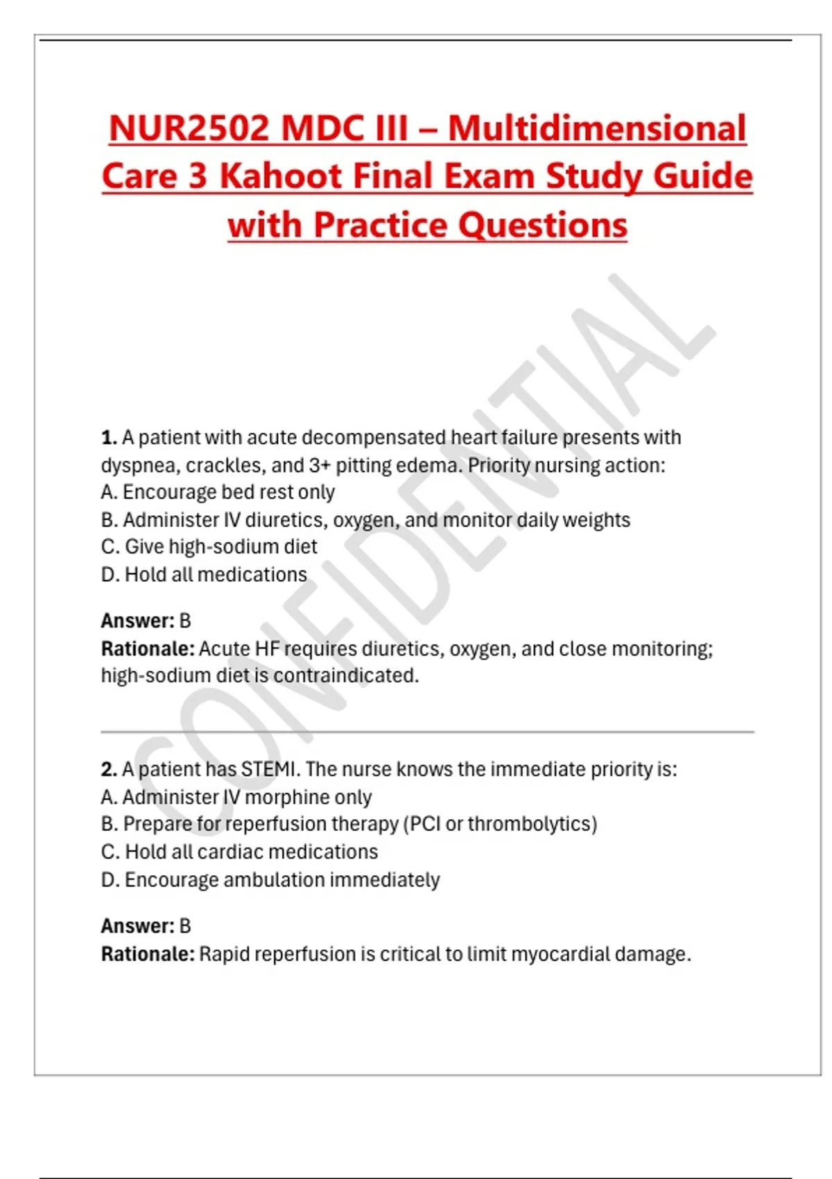 NUR2502 MDC III – Multidimensional Care 3 Kahoot Final Exam Study Guide ...