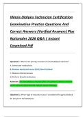 Illinois Dialysis Technician Certification  Examination Practice Questions And  Correct Answers &lpar;Verified Answers&rpar; Plus  Rationales 2026 Q&A &vert; Instant  Download Pdf