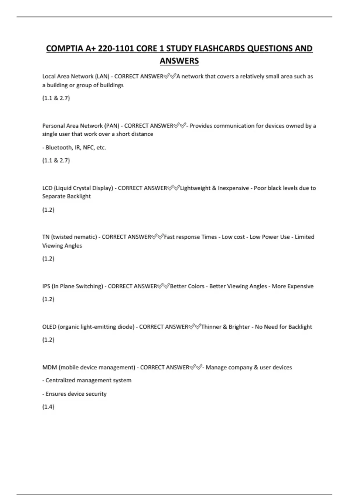 COMPTIA A+ 220-1101 CORE 1 STUDY FLASHCARDS QUESTIONS AND ANSWERS ...