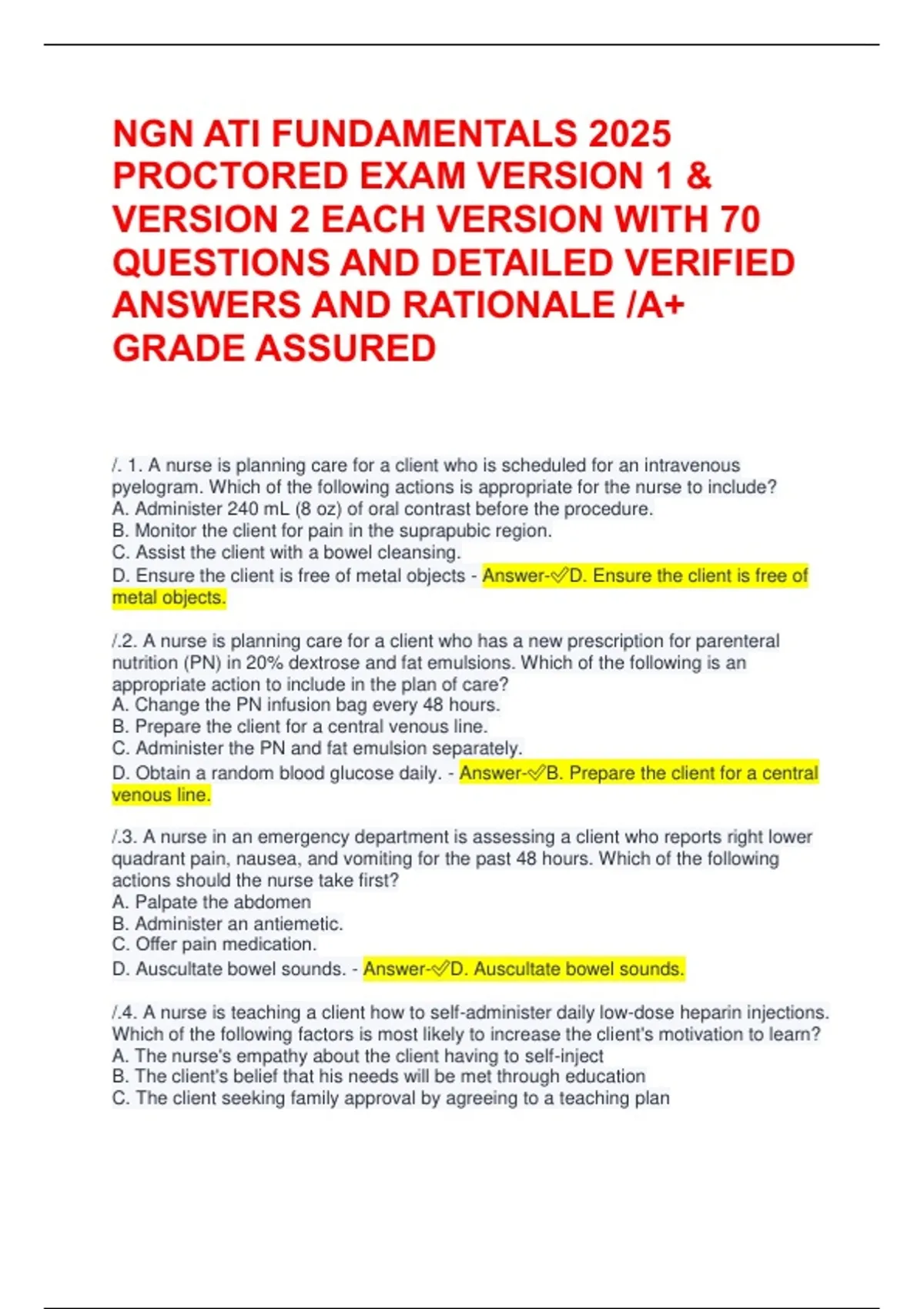 NGN ATI FUNDAMENTALS 2025 PROCTORED EXAM VERSION 1 & VERSION 2 EACH ...