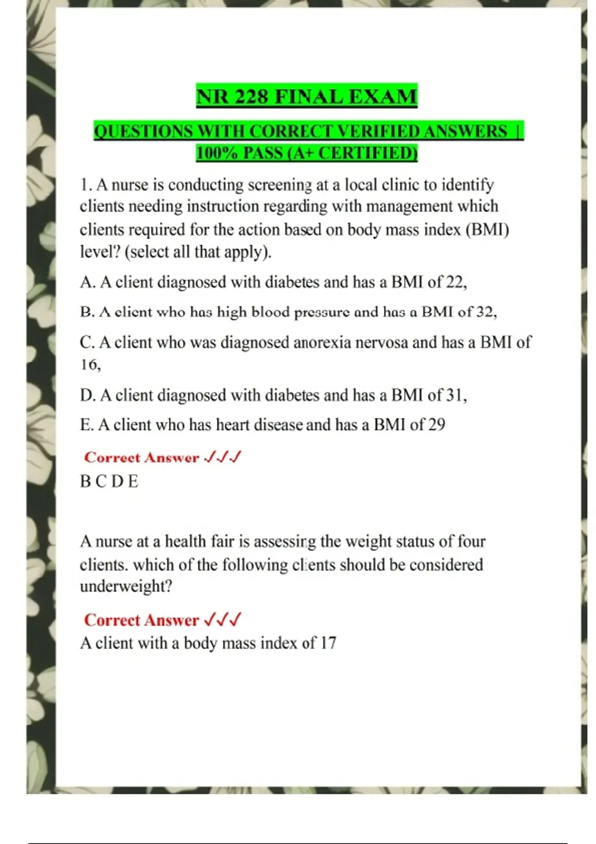 NR 228 FINAL EXAM QUESTIONS WITH CORRECT VERIFIED ANSWERS | 100% PASS ...