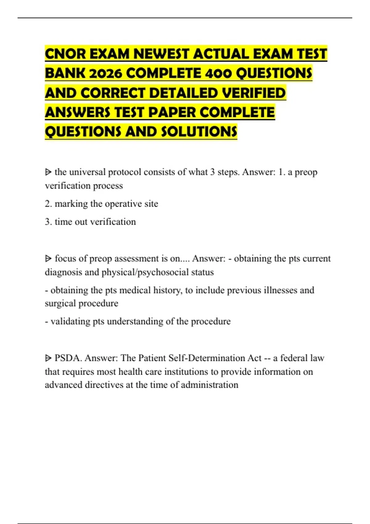 CNOR EXAM NEWEST ACTUAL EXAM TEST BANK 2026 COMPLETE 400 QUESTIONS AND ...