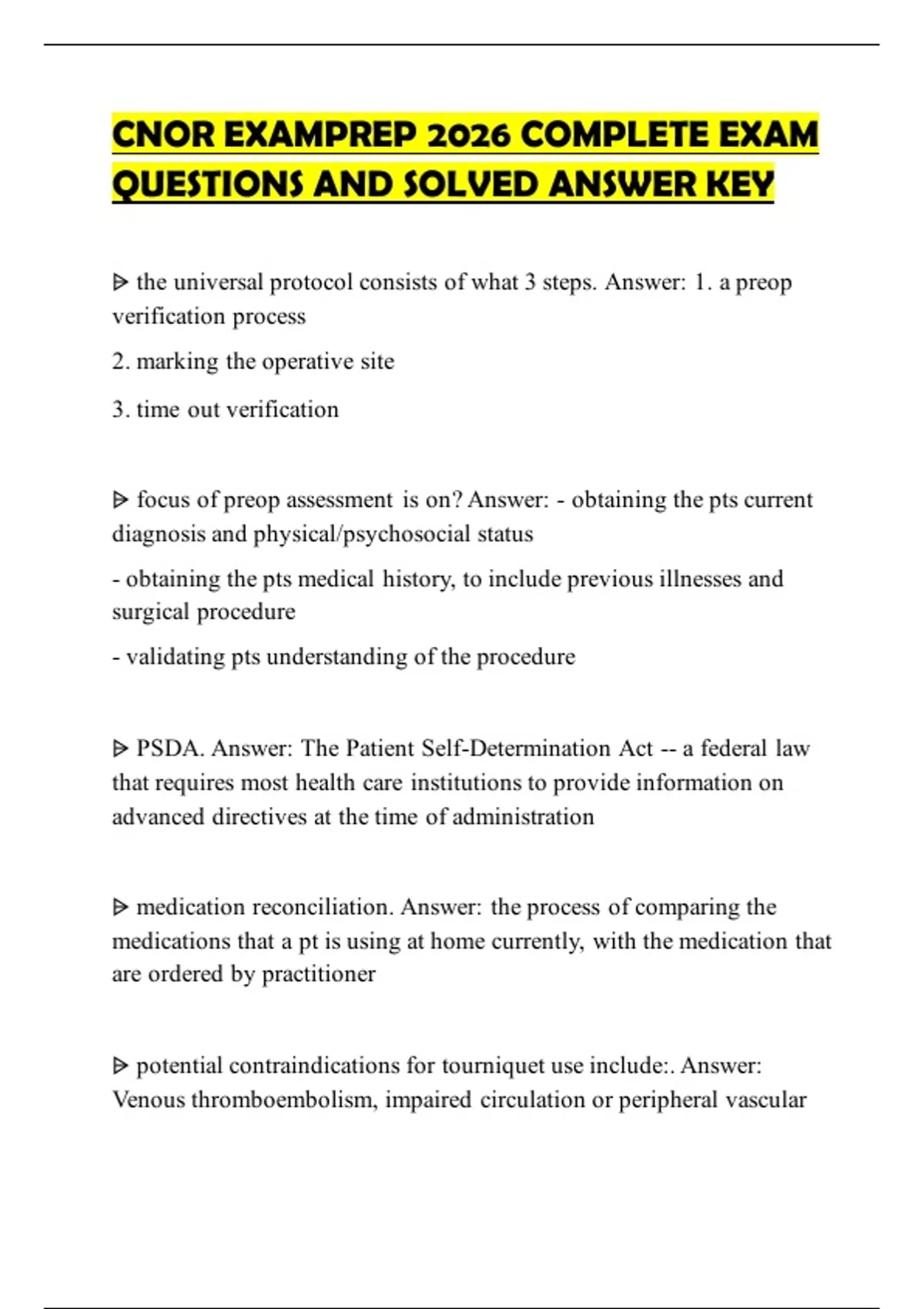 CNOR EXAMPREP 2026 COMPLETE EXAM QUESTIONS AND SOLVED ANSWER KEY - Cnor ...