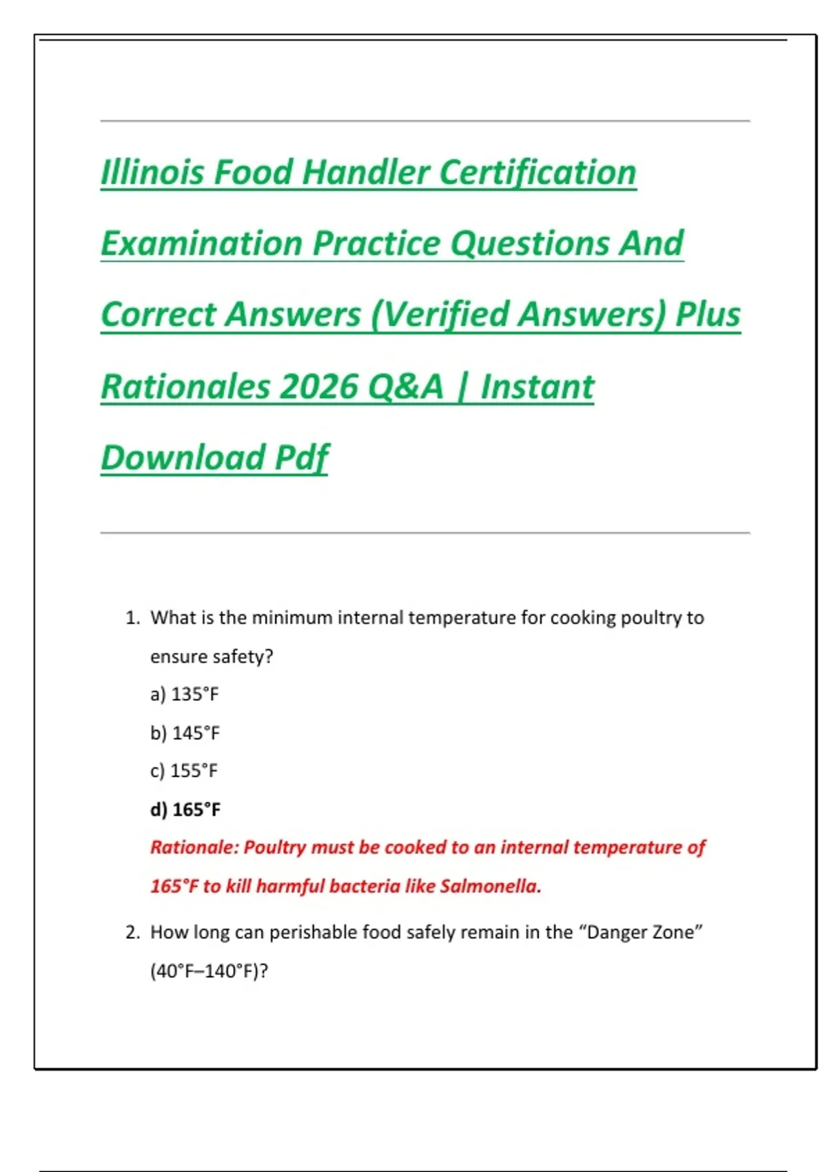 Illinois Food Handler Certification Examination Practice Questions And Correct Answers (Verified ...