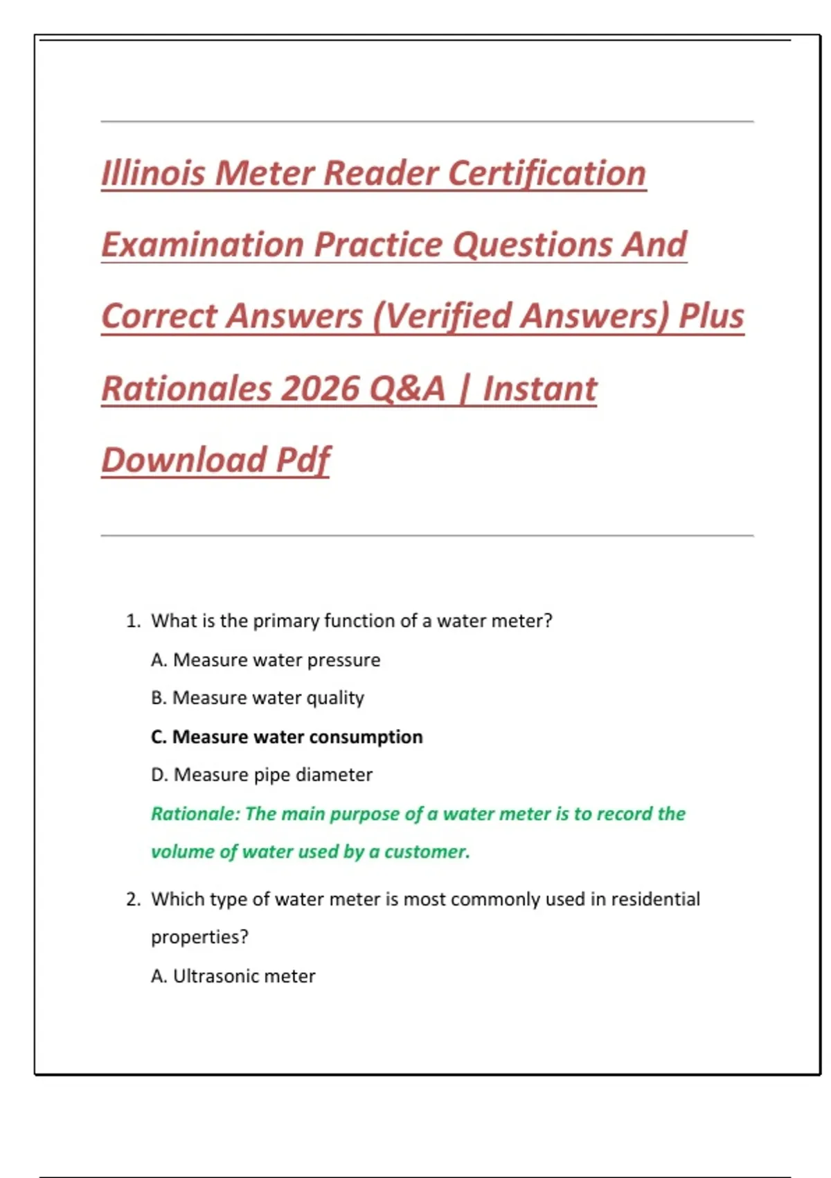 Illinois Meter Reader Certification Examination Practice Questions And ...