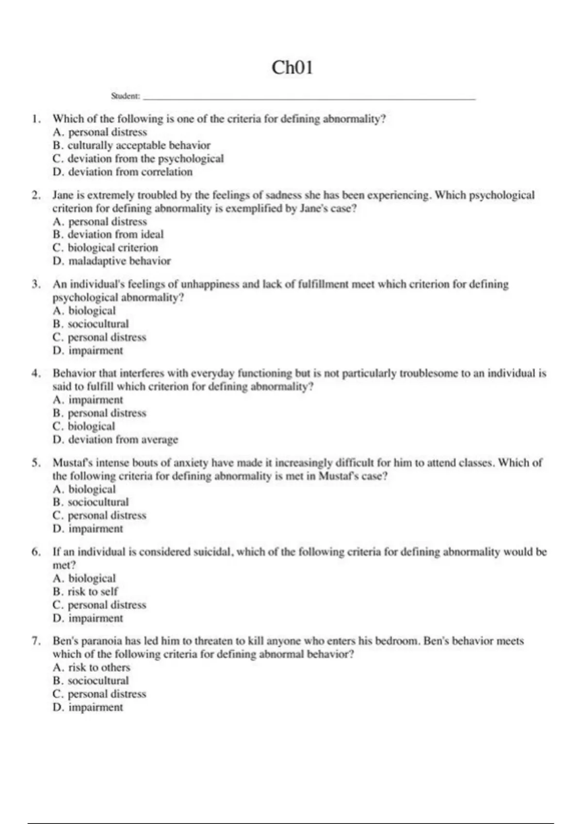 practice test bank questions, final exam : Abnormal Psychology clinical ...