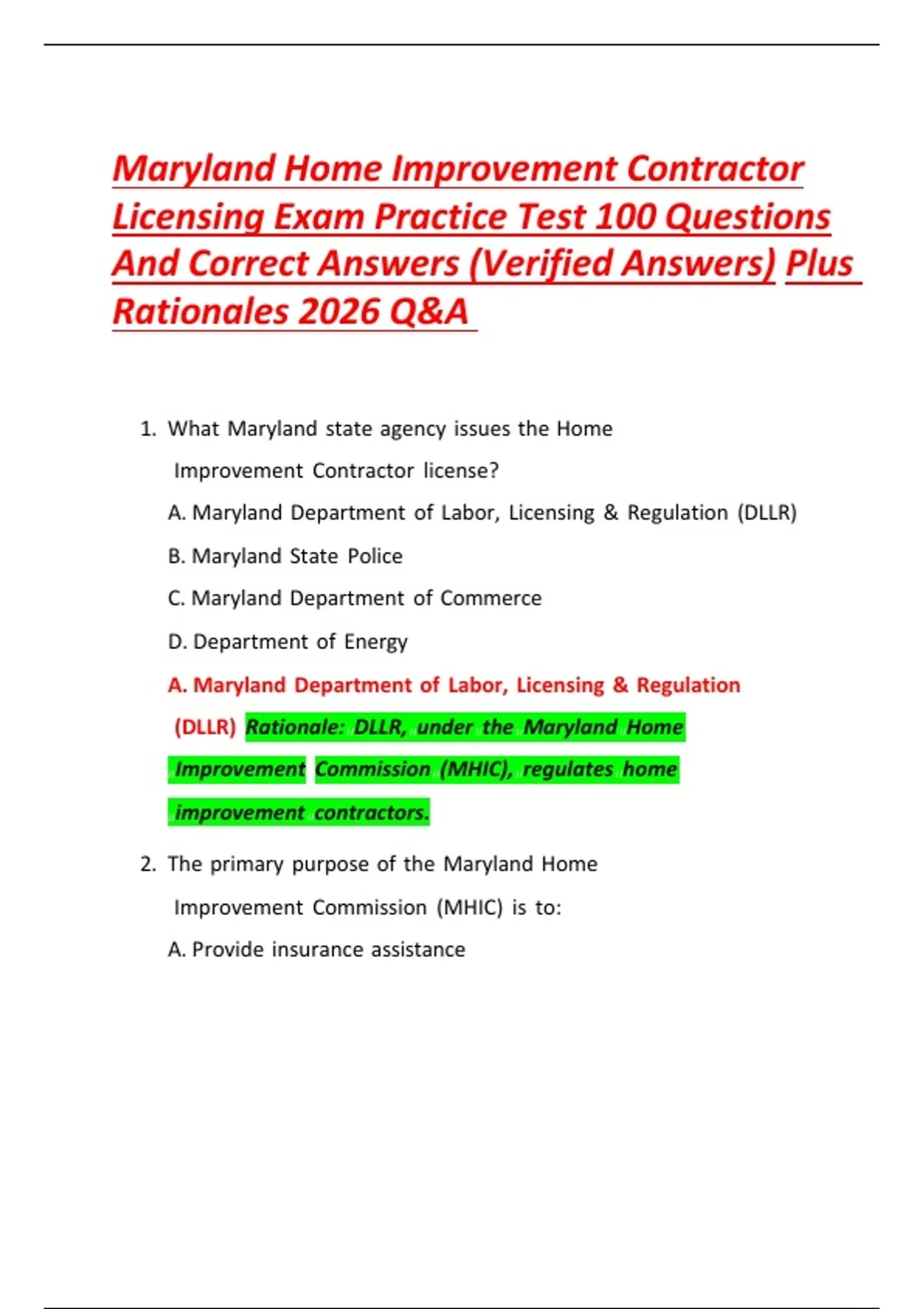 Maryland Home Improvement Contractor Licensing Exam Practice Test 100 ...