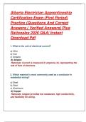Alberta Electrician Apprenticeship   Certification Exam &lpar;First Period&rpar;   Practice &lpar;Questions And Correct   Answers &lpar; Verified Answers&rpar; Plus   Rationales 2026 Q&A&vert; Instant  Download Pdf  