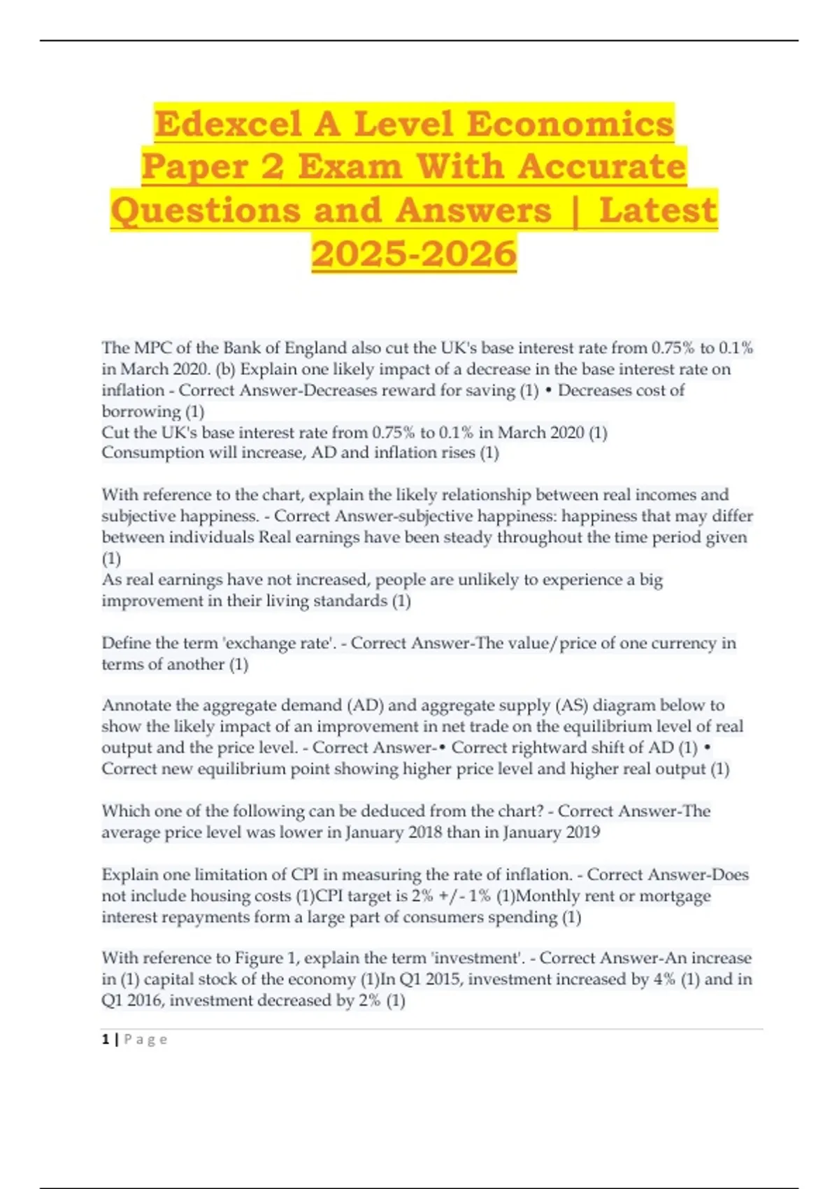 Edexcel A Level Economics Paper 2 Exam With Accurate Questions and ...