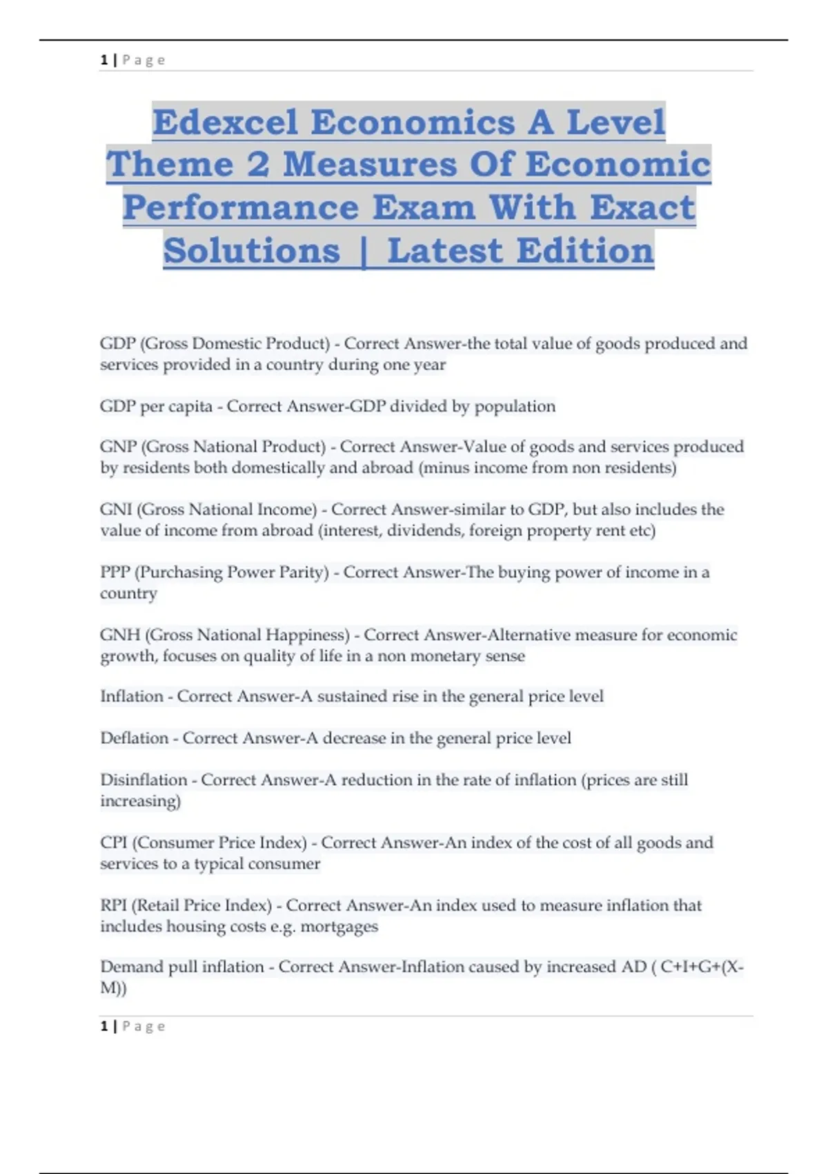 Edexcel Economics A Level Theme 2 Measures Of Economic Performance Exam ...