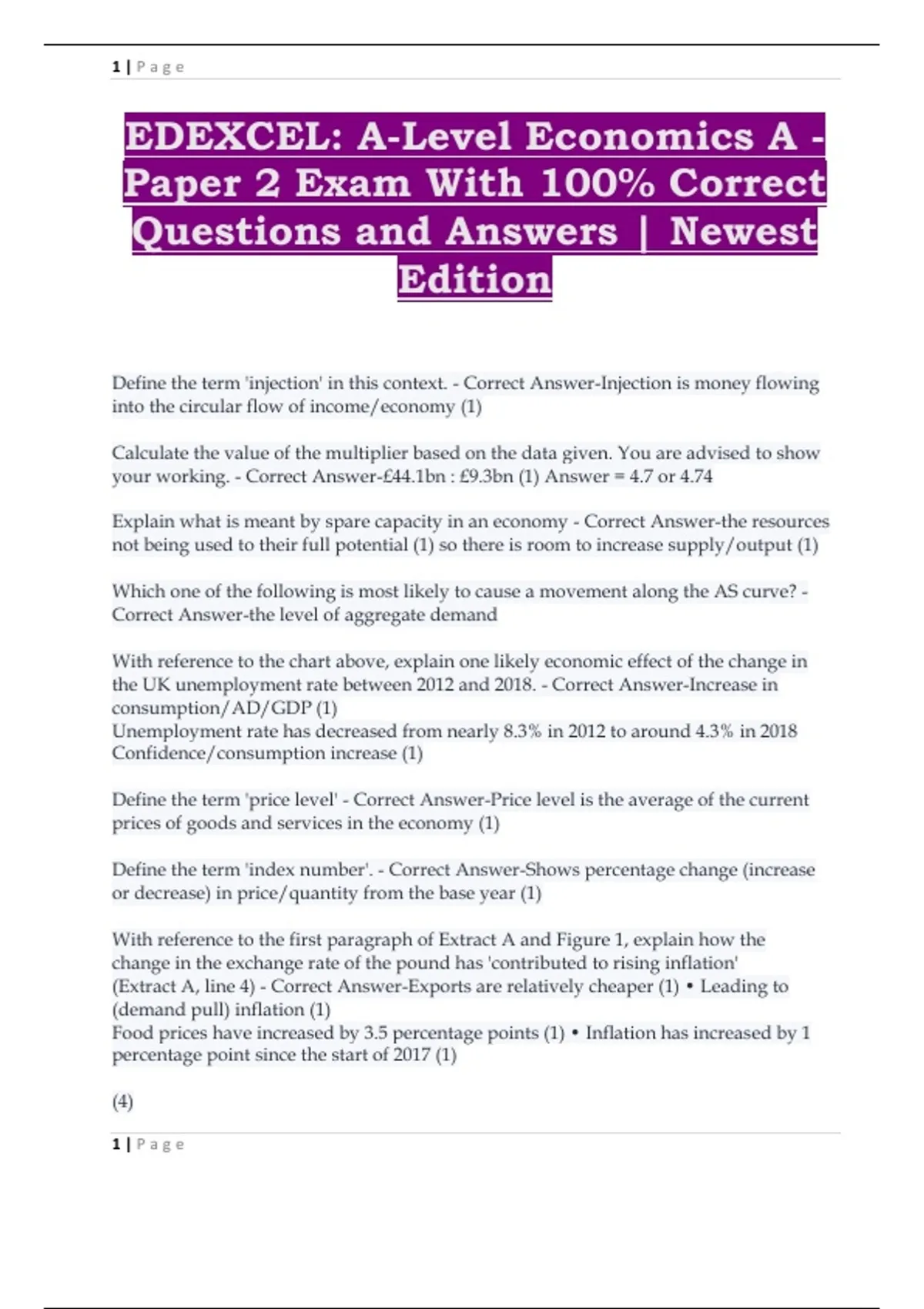 EDEXCEL: A-Level Economics A - Paper 2 Exam With 100% Correct Questions ...