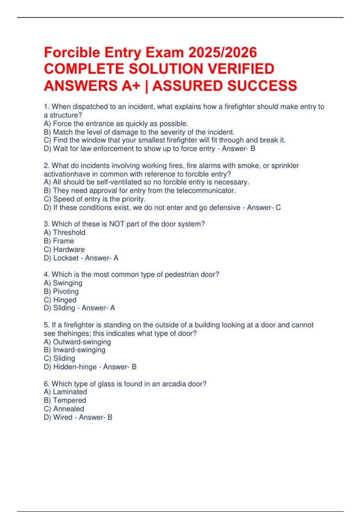 Forcible Entry Exam 2025/2026 COMPLETE SOLUTION VERIFIED ANSWERS A+ ...