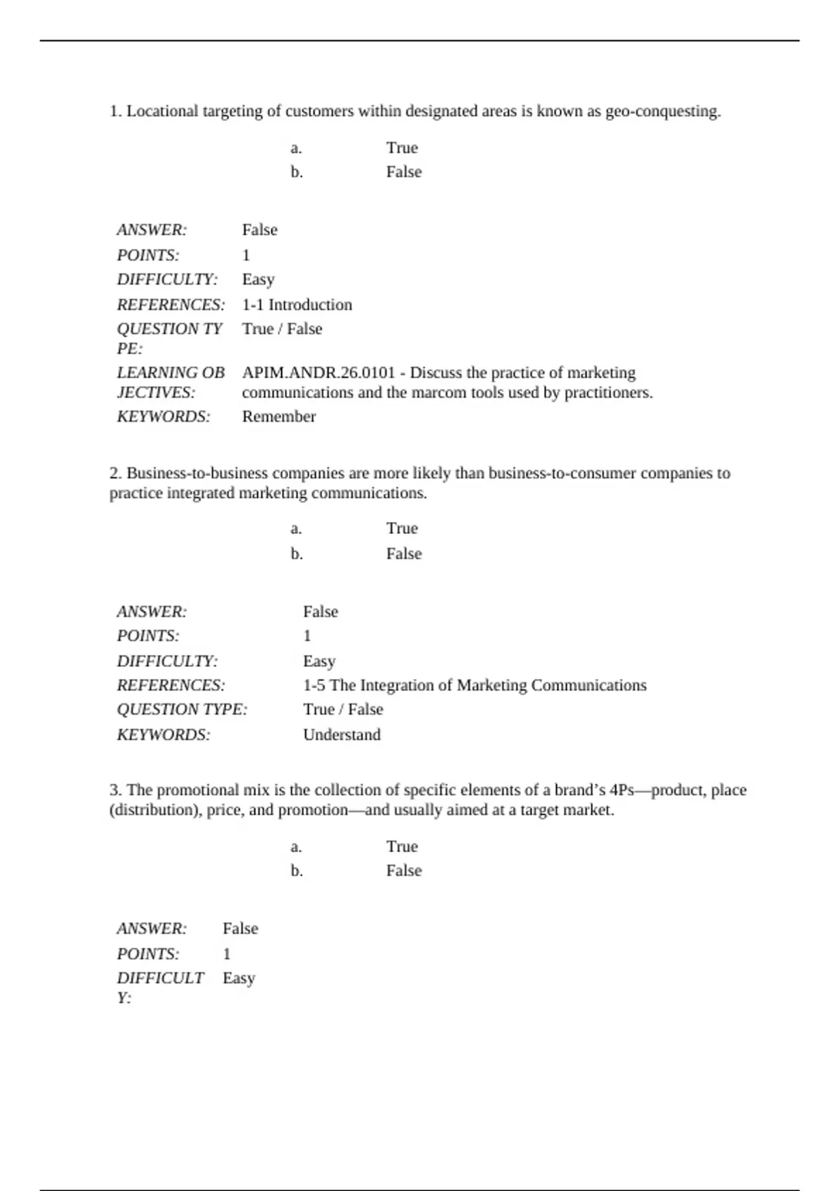 practice test bank questions, final exam : Advertising Promotion and ...