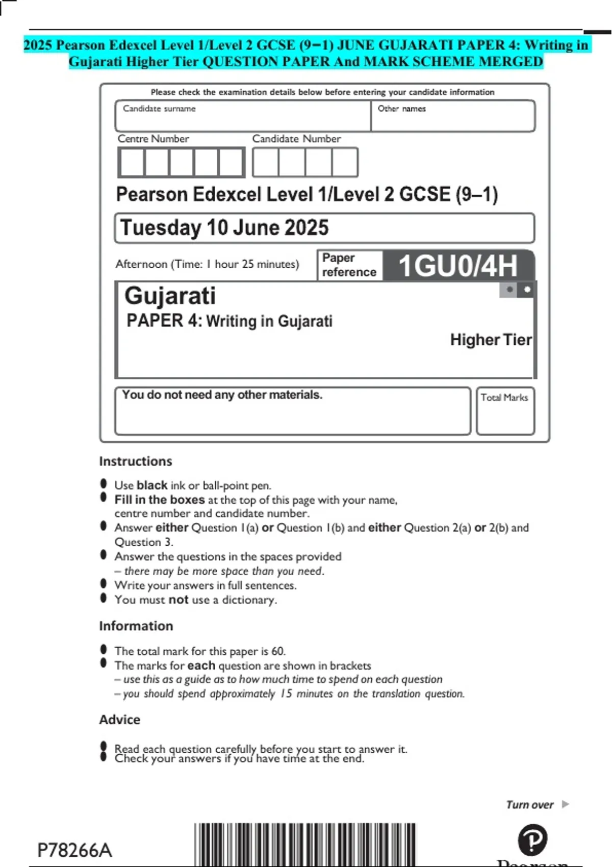 2025 Pearson Edexcel Level 1/Level 2 GCSE (9–1) JUNE GUJARATI PAPER 4 ...