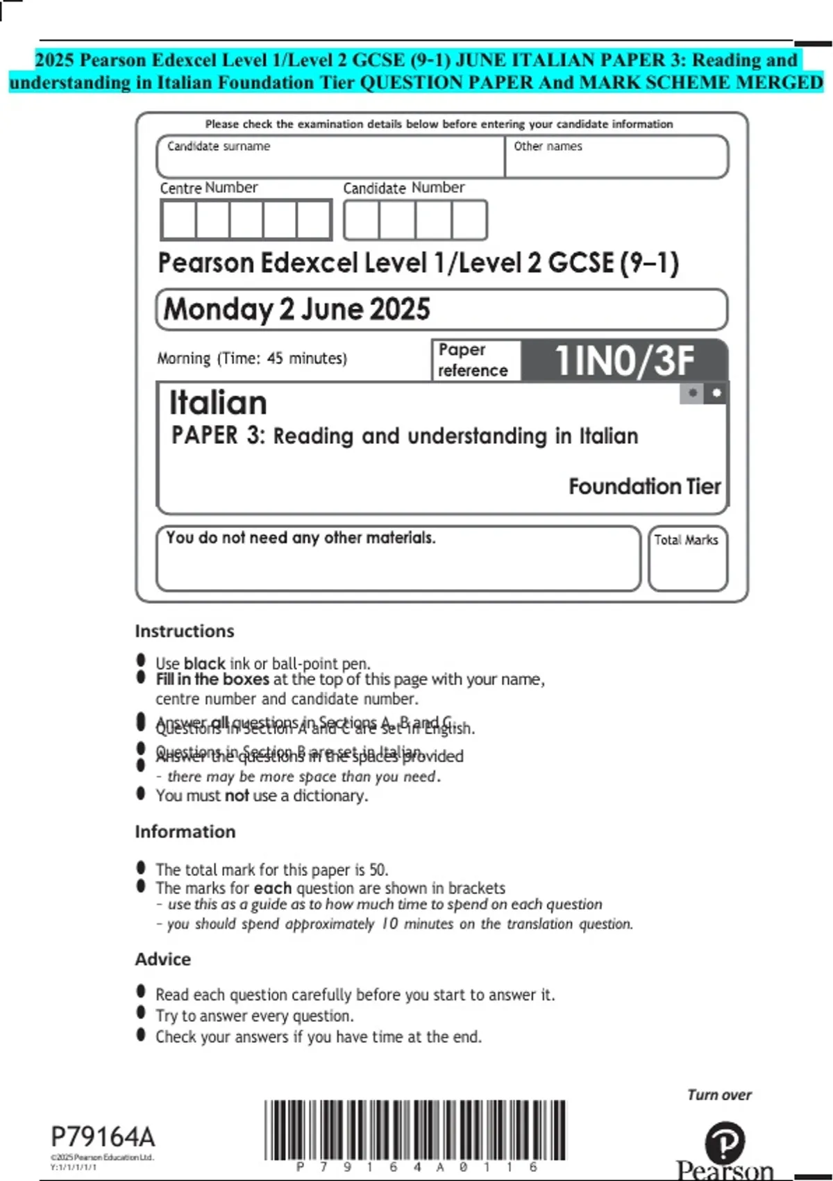 2025 Pearson Edexcel Level 1/Level 2 GCSE (9–1) JUNE ITALIAN PAPER 3 ...