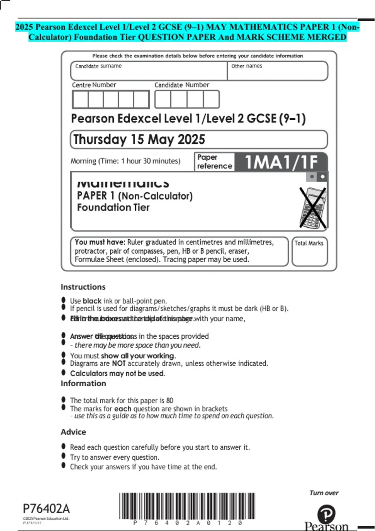 2025 Pearson Edexcel Level 1/Level 2 GCSE (9–1) MAY MATHEMATICS PAPER 1 ...