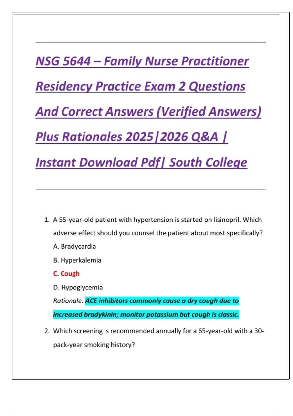 NSG 5644 – Family Nurse Practitioner Residency Practice Exam 2 (South ...
