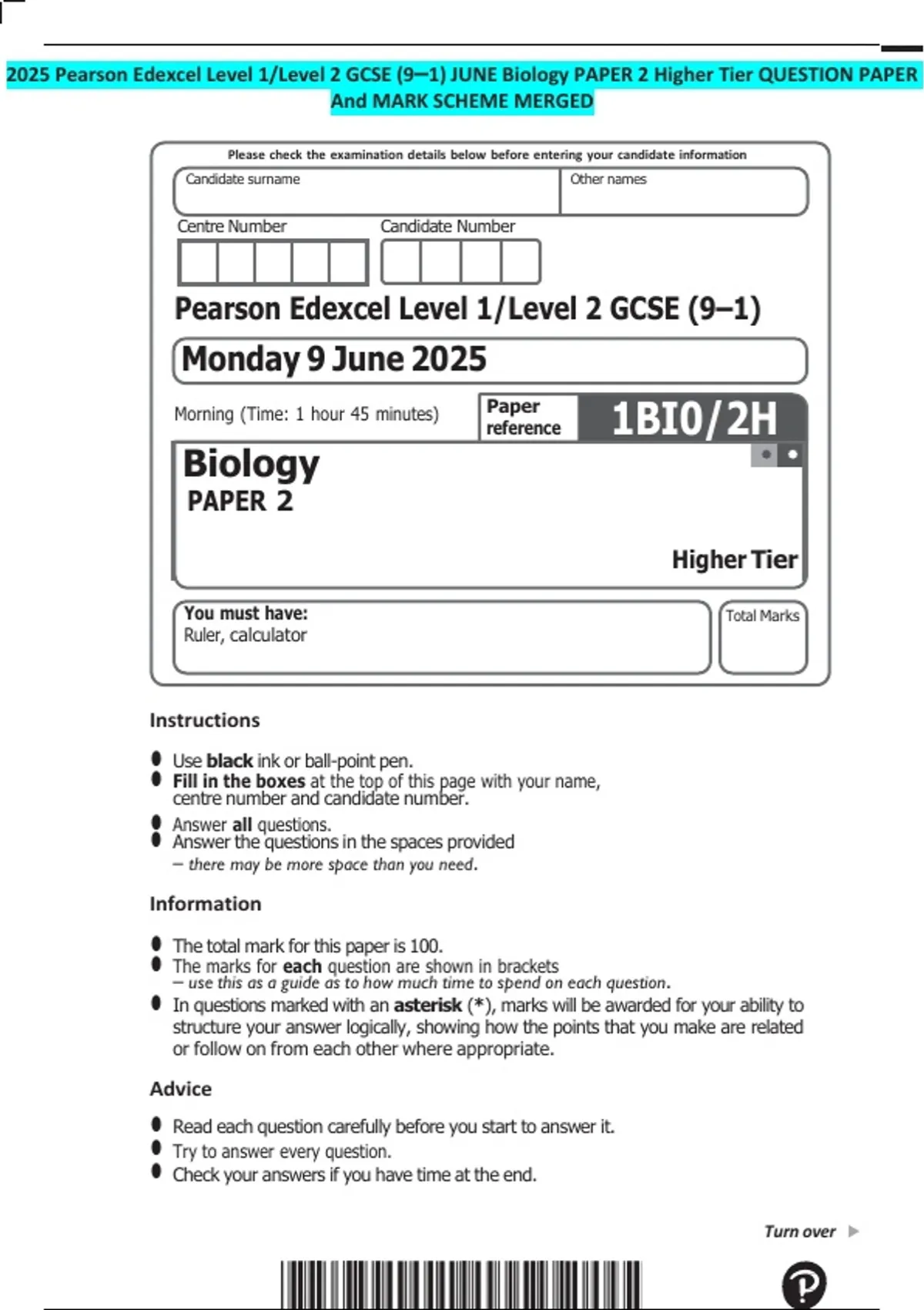 2025 Pearson Edexcel Level 1/Level 2 GCSE (9–1) JUNE Biology PAPER 2 ...