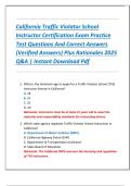 California Traffic Violator School  Instructor Certification Exam Practice  Test Questions And Correct Answers  &lpar;Verified Answers&rpar; Plus Rationales 2025  Q&A &vert; Instant Download Pdf