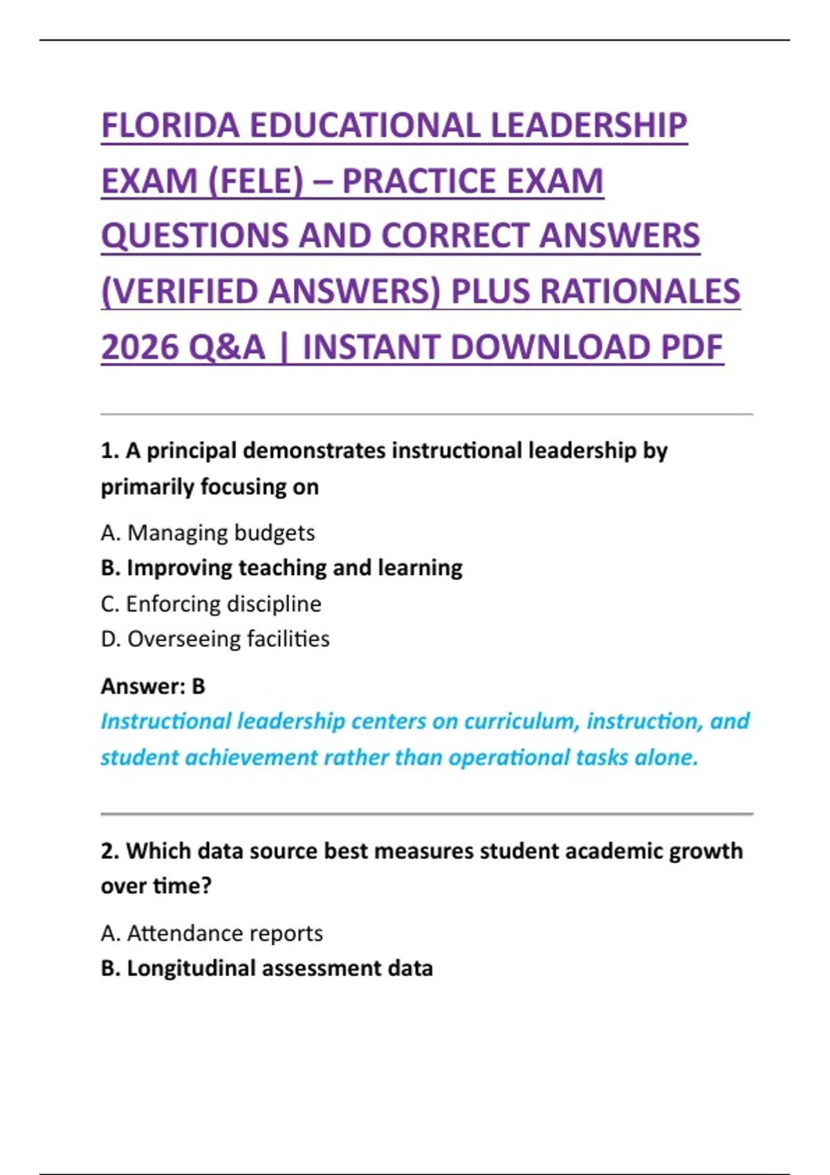 FLORIDA EDUCATIONAL LEADERSHIP EXAM (FELE) – PRACTICE EXAM QUESTIONS AND CORRECT ANSWERS ...