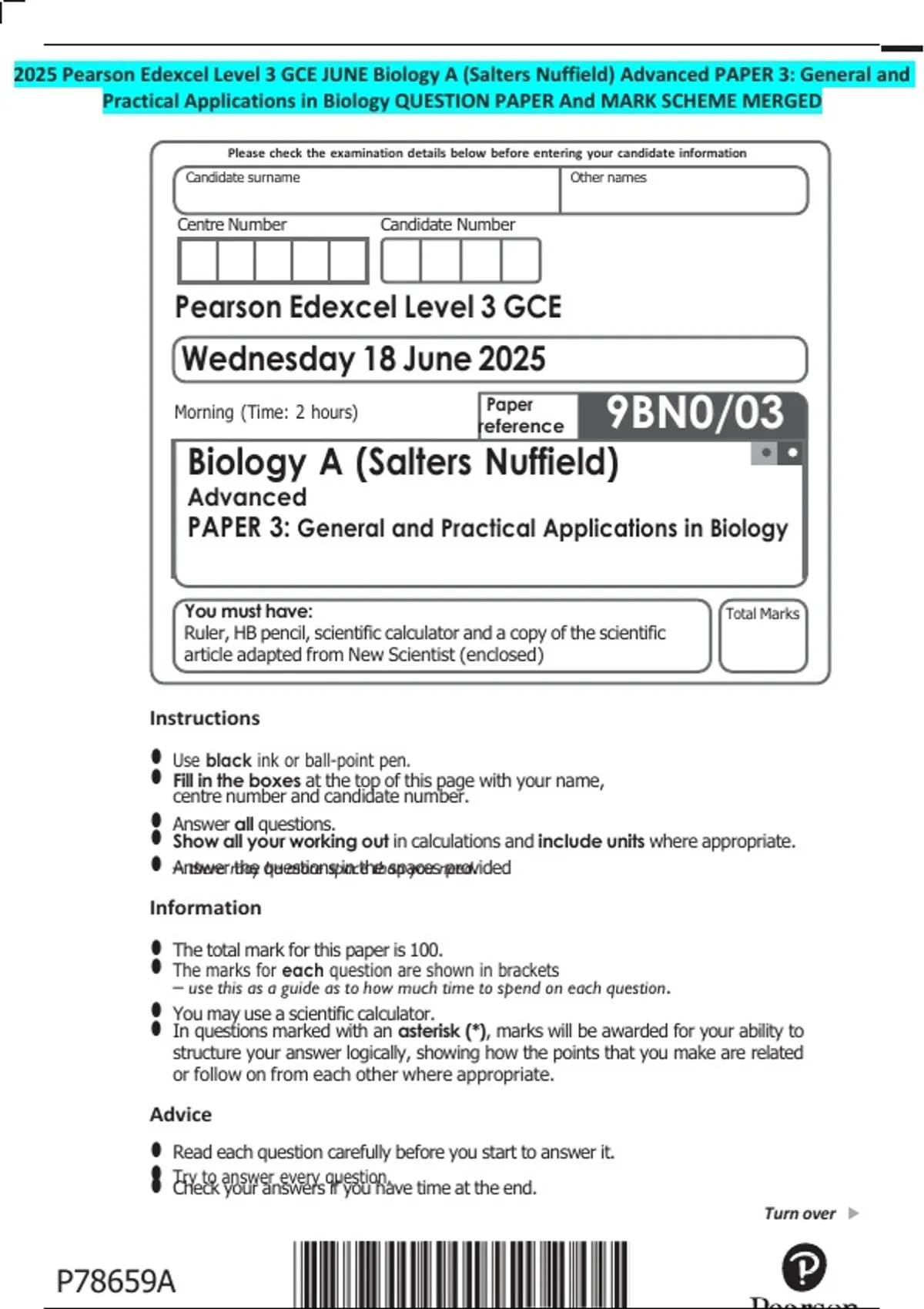 2025 Pearson Edexcel Level 3 GCE JUNE Biology A (Salters Nuffield ...