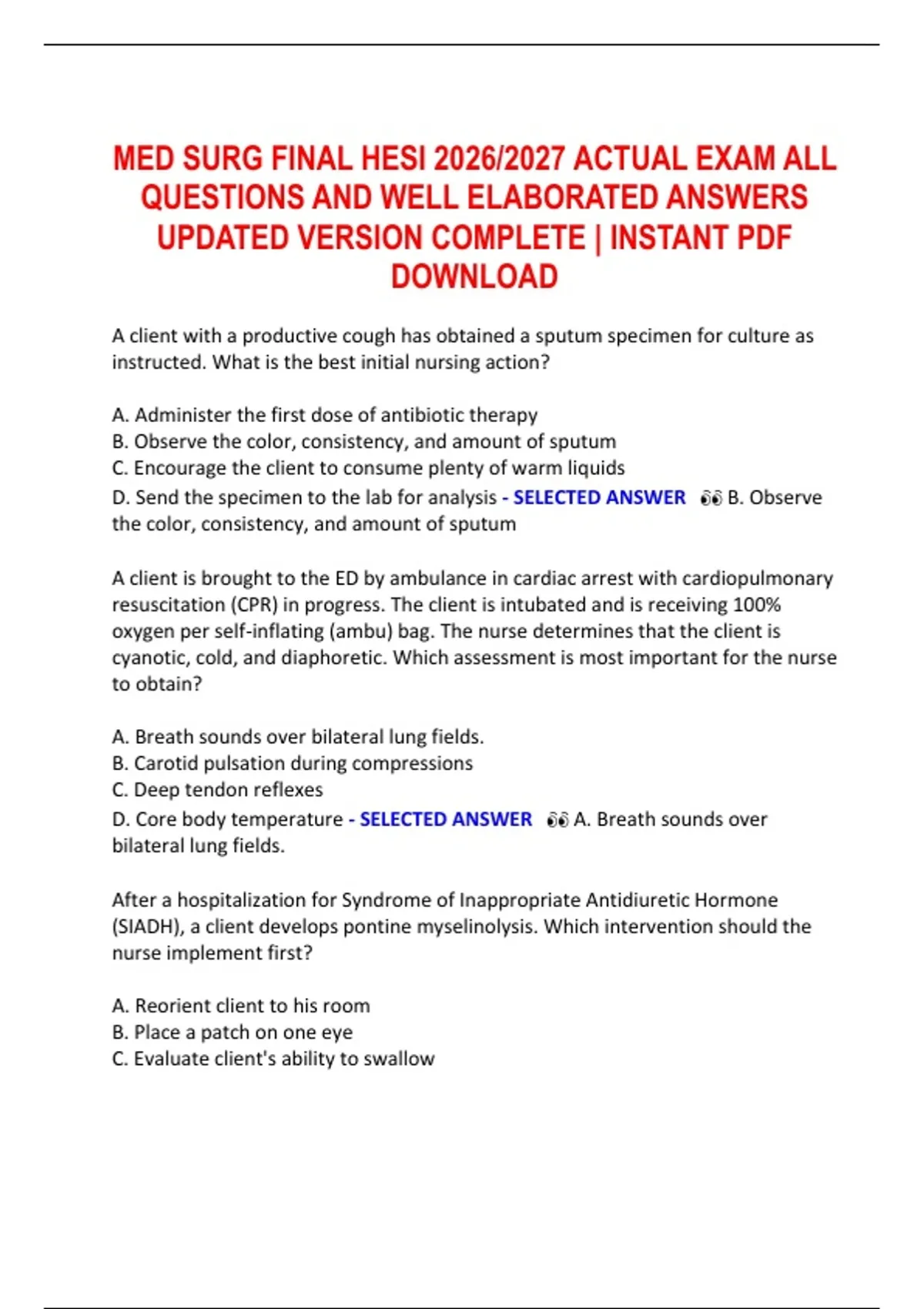 MED SURG FINAL HESI 2026/2027 ACTUAL EXAM ALL QUESTIONS AND WELL ...