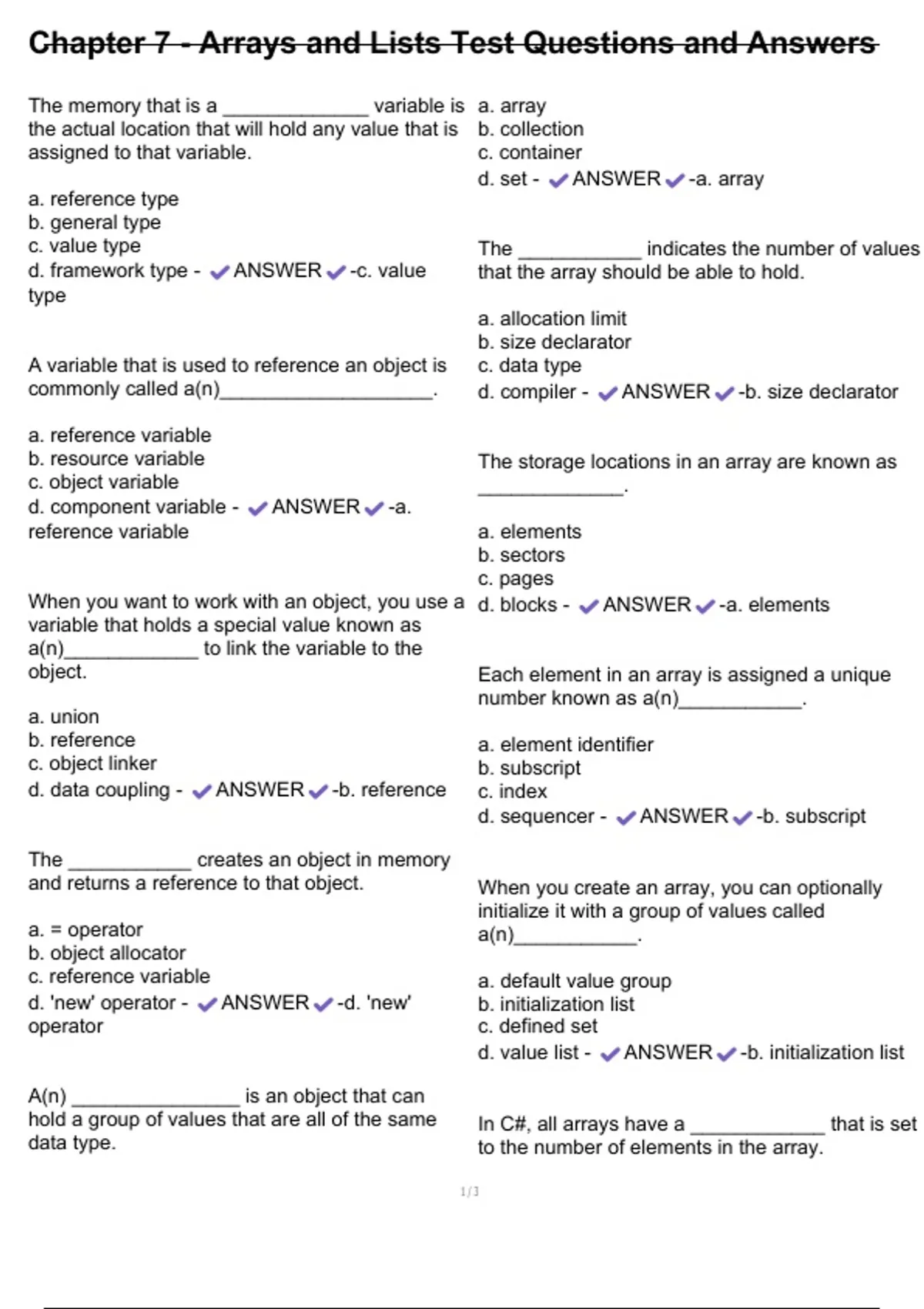 Chapter 7 - Arrays and Lists Test Questions and Answers - Chapter 7 ...