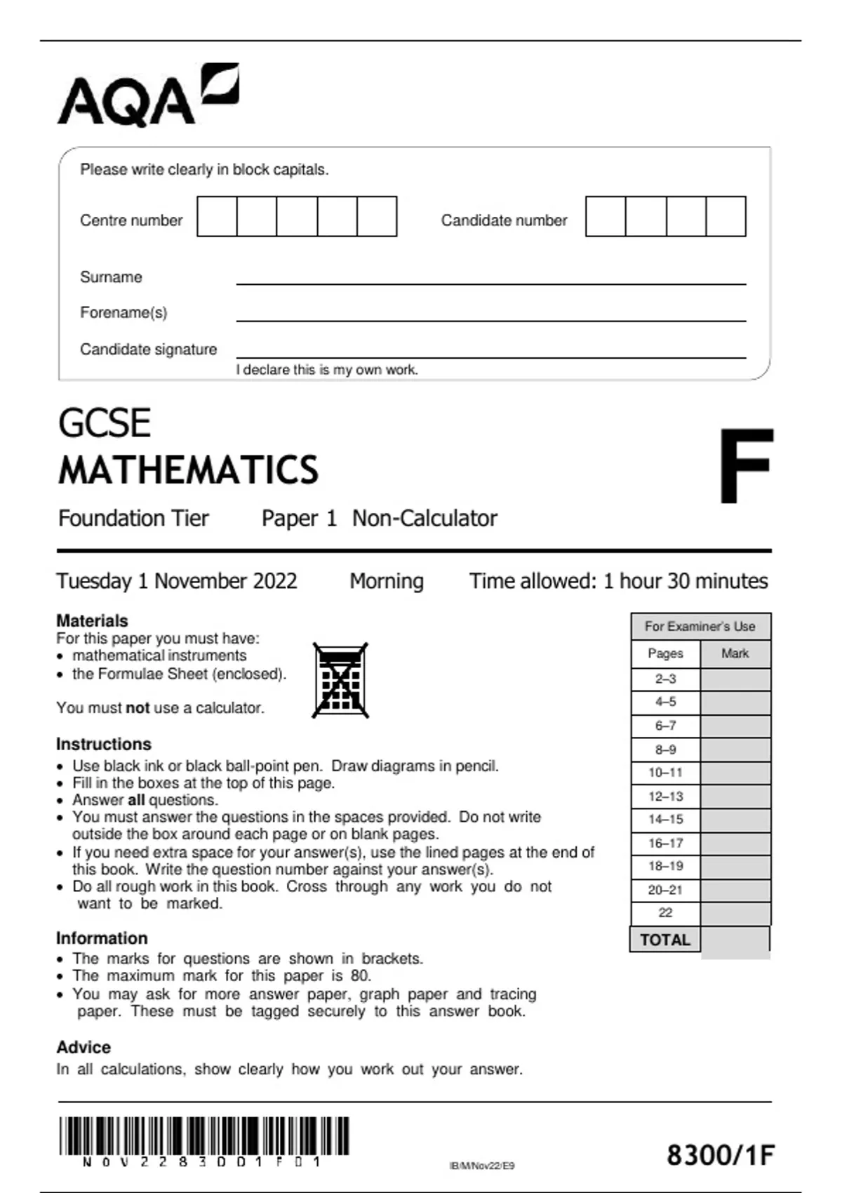 GCSE Mathematics – Foundation Tier Paper 1 Non-Calculator - Mathematics ...