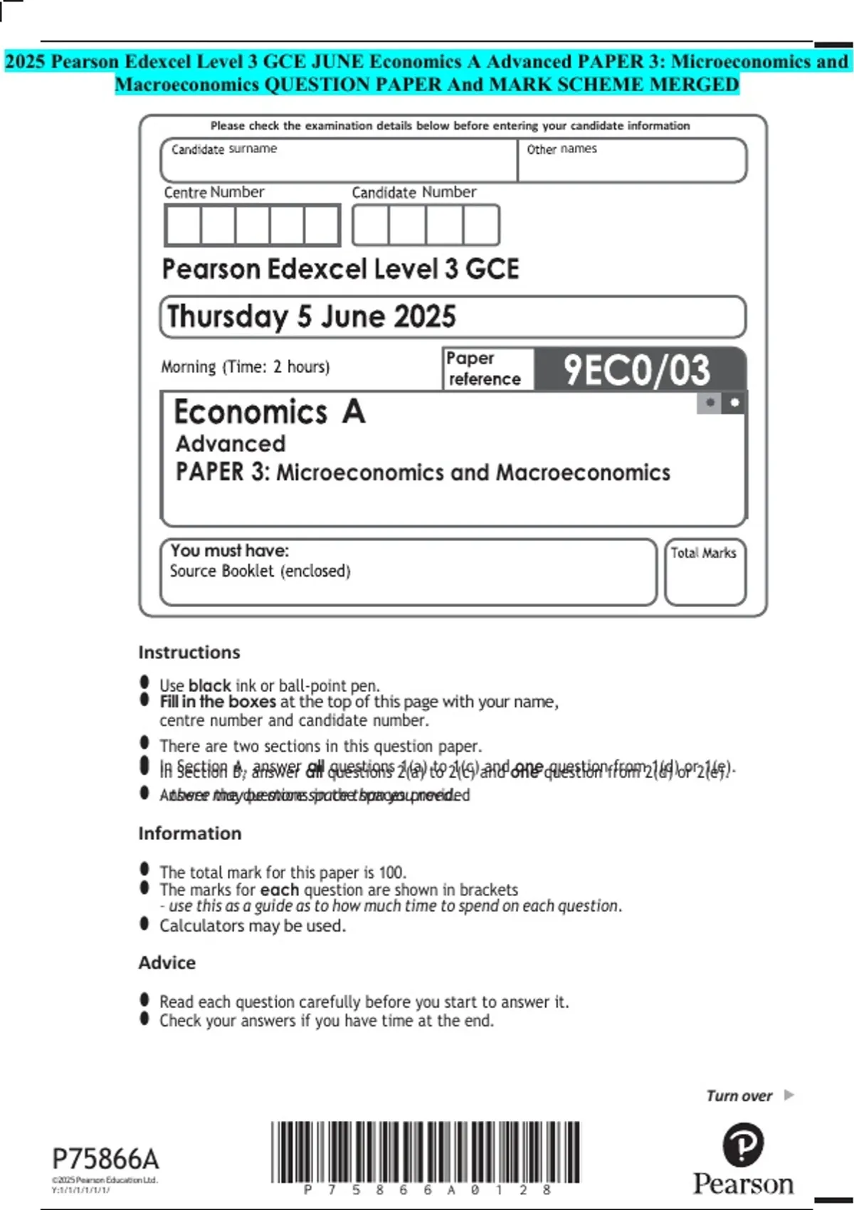 2025 Pearson Edexcel Level 3 GCE JUNE Economics A Advanced PAPER 3 ...