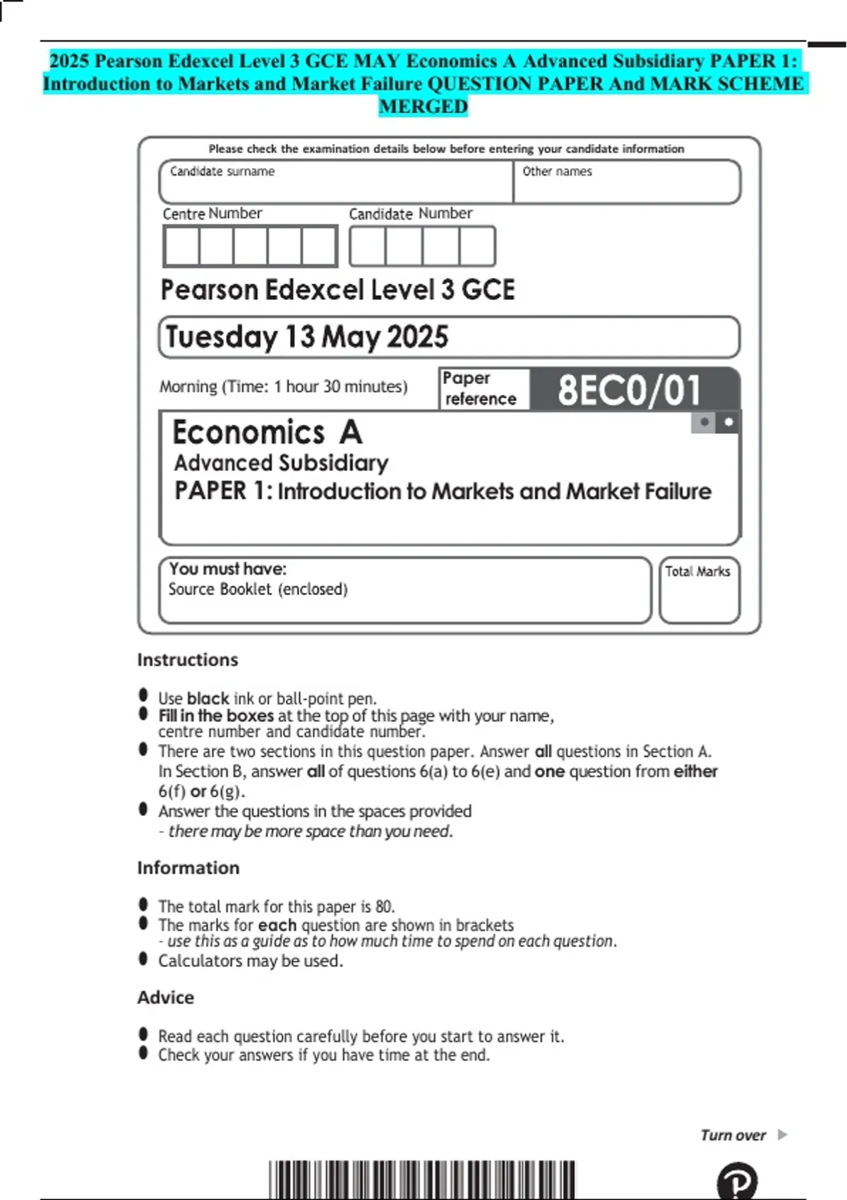 2025 Pearson Edexcel Level 3 GCE MAY Economics A Advanced Subsidiary ...