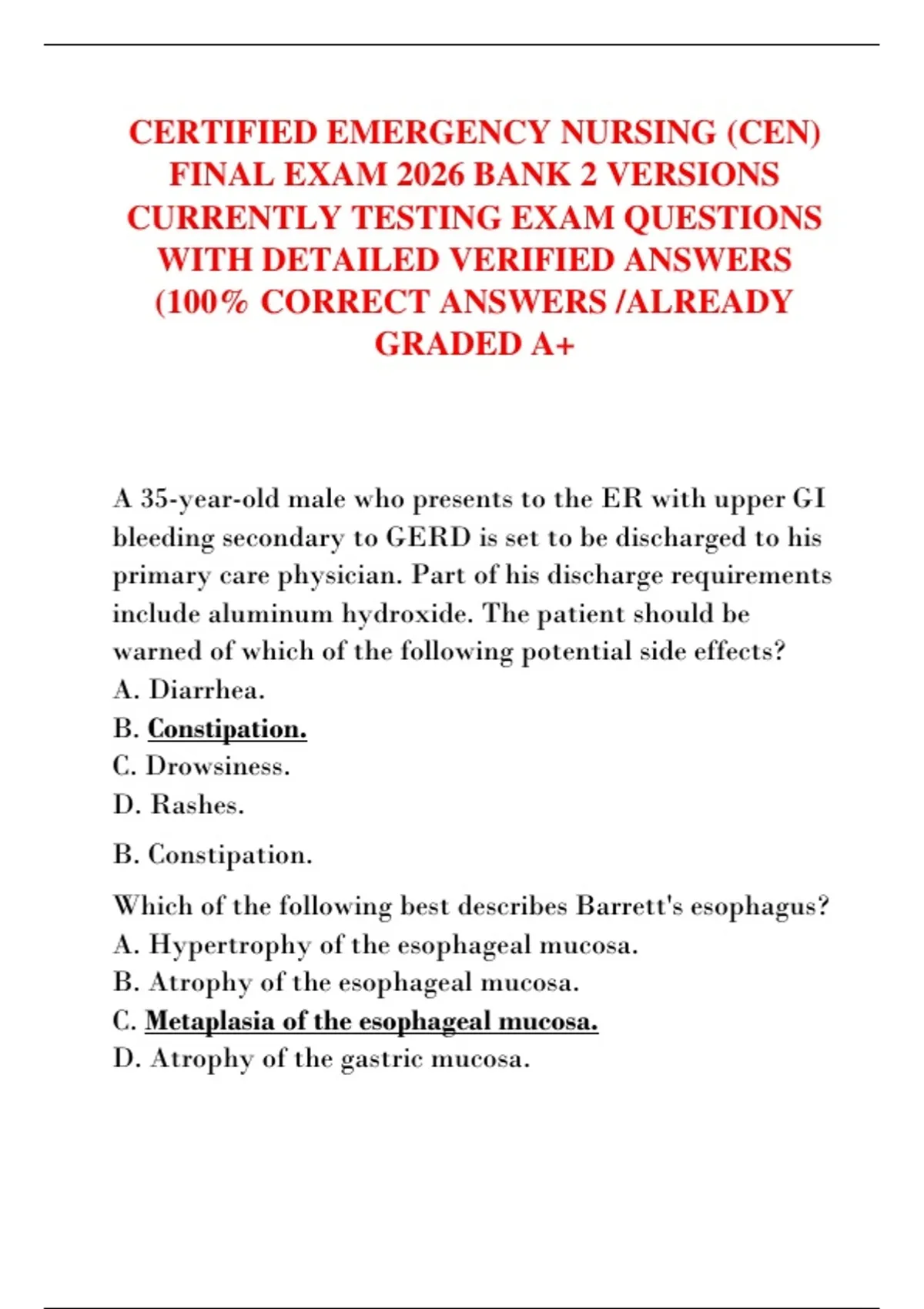 CERTIFIED EMERGENCY NURSING (CEN) FINAL EXAM 2026 BANK 2 VERSIONS ...