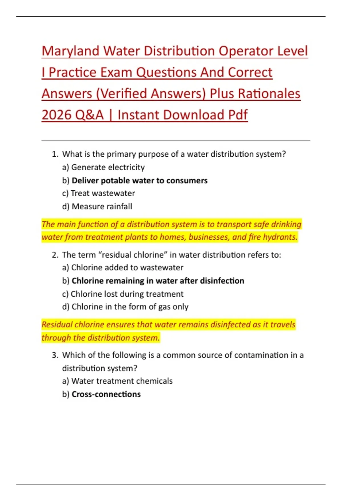 Maryland Water Distribution Operator Level I Practice Exam Questions ...