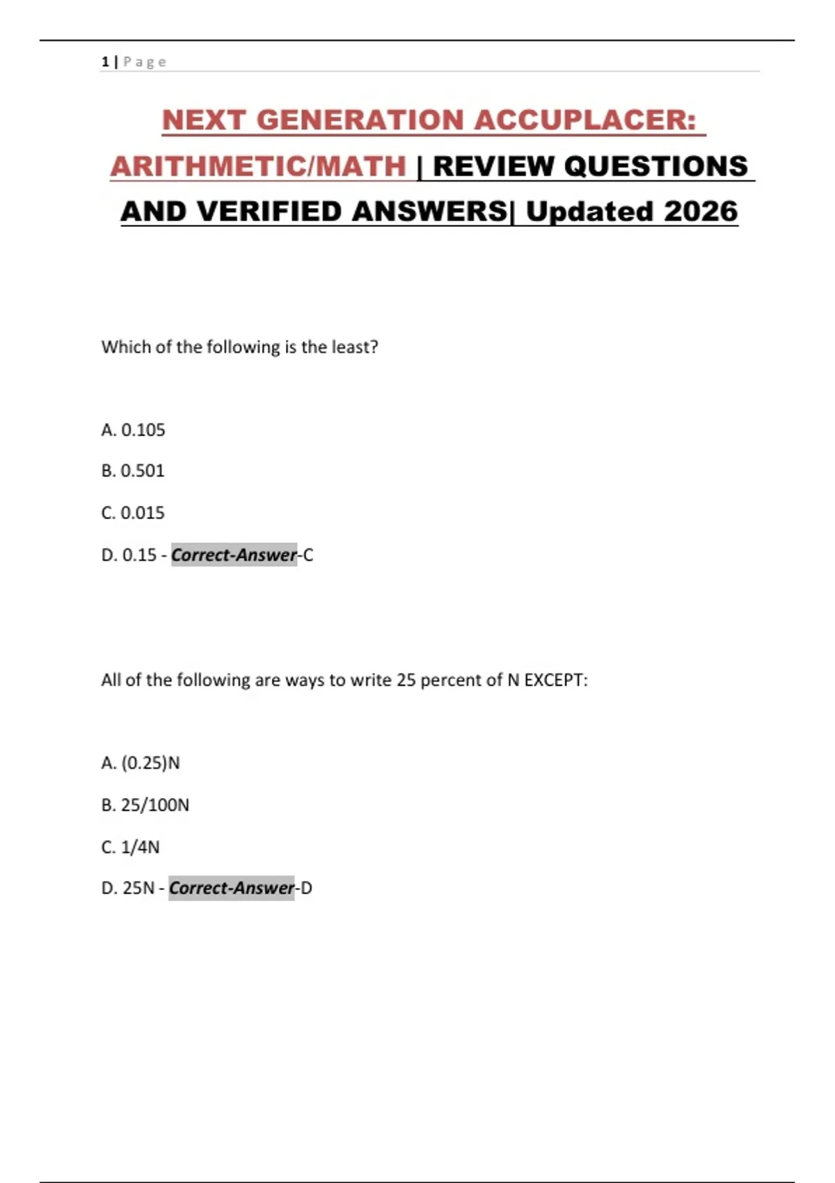NEXT GENERATION ACCUPLACER: ARITHMETIC/MATH | REVIEW QUESTIONS AND ...