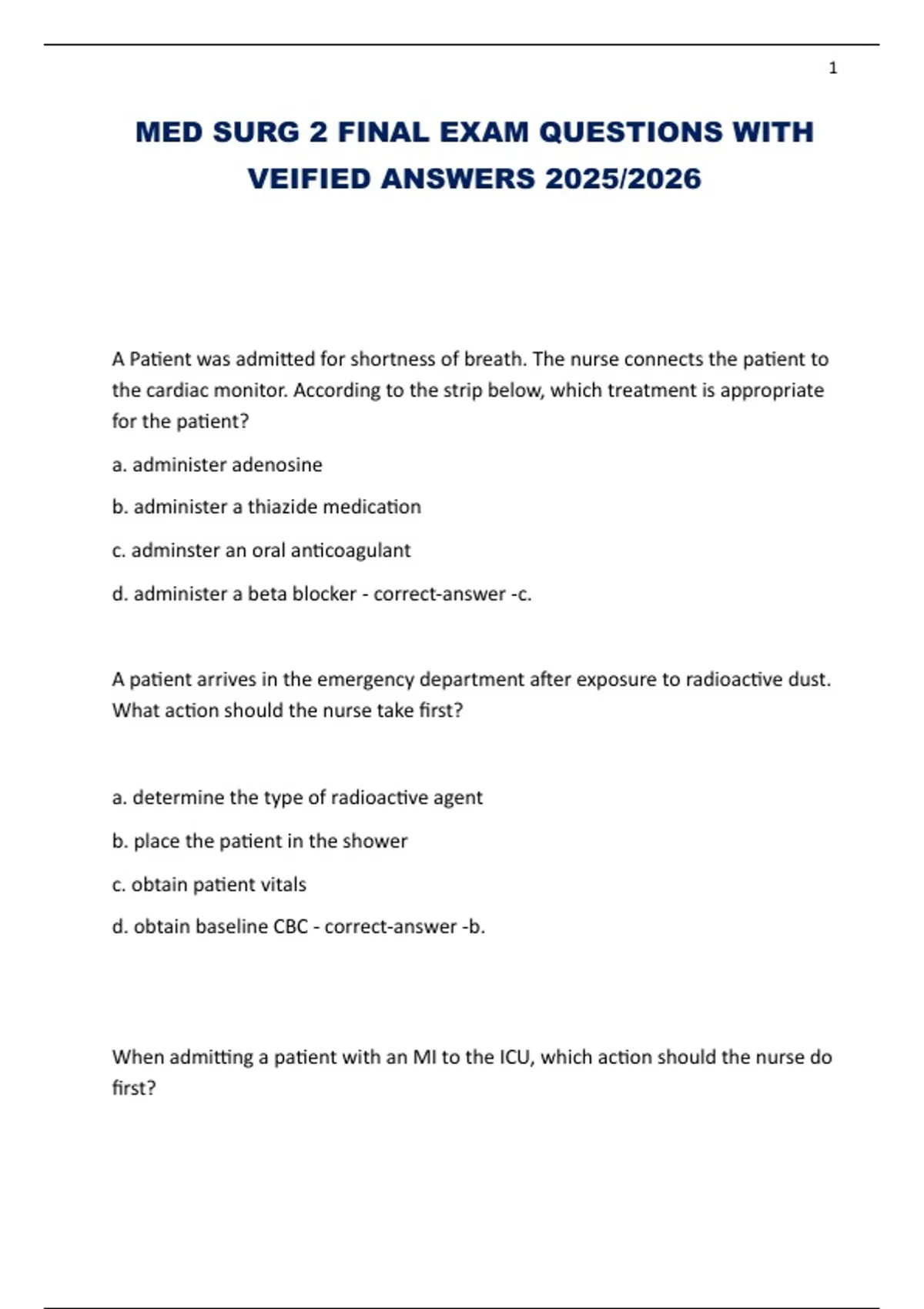 MED SURG 2 FINAL EXAM QUESTIONS WITH VERIFIED ANSWERS 2025/2026 - MED ...