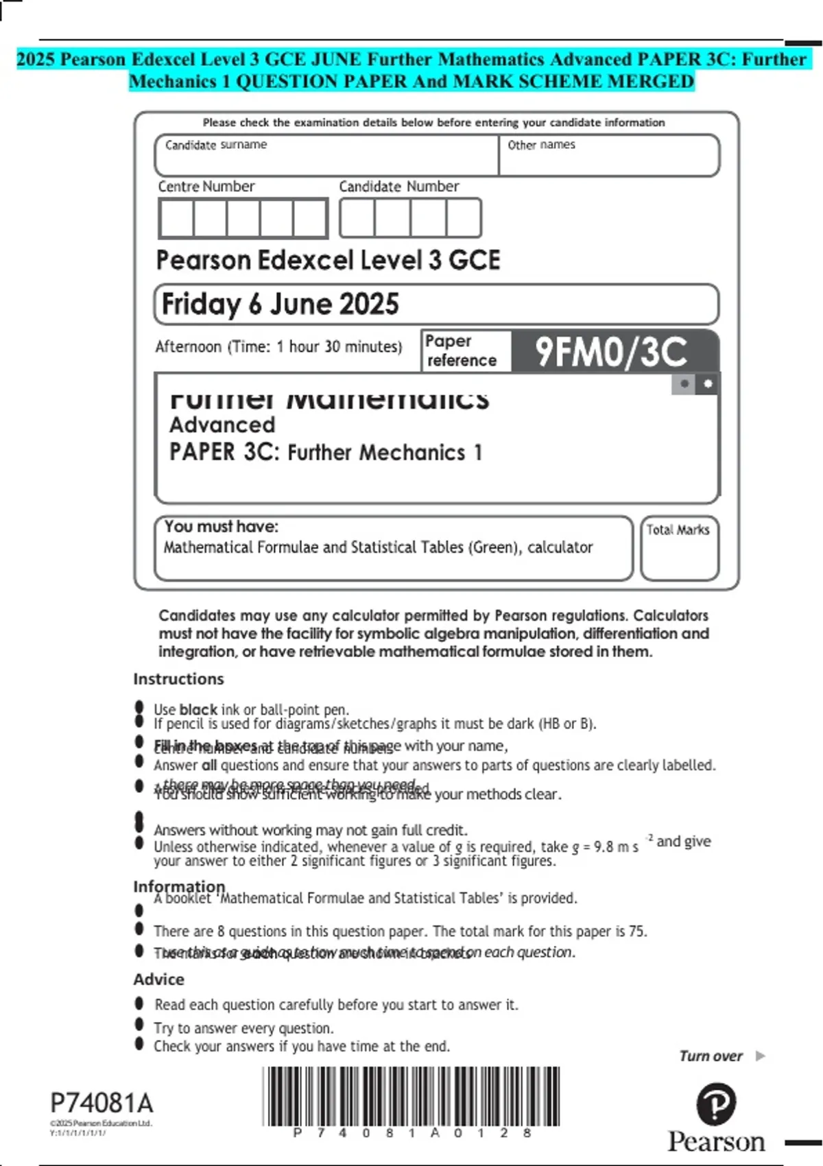 2025 Pearson Edexcel Level 3 GCE JUNE Further Mathematics Advanced ...